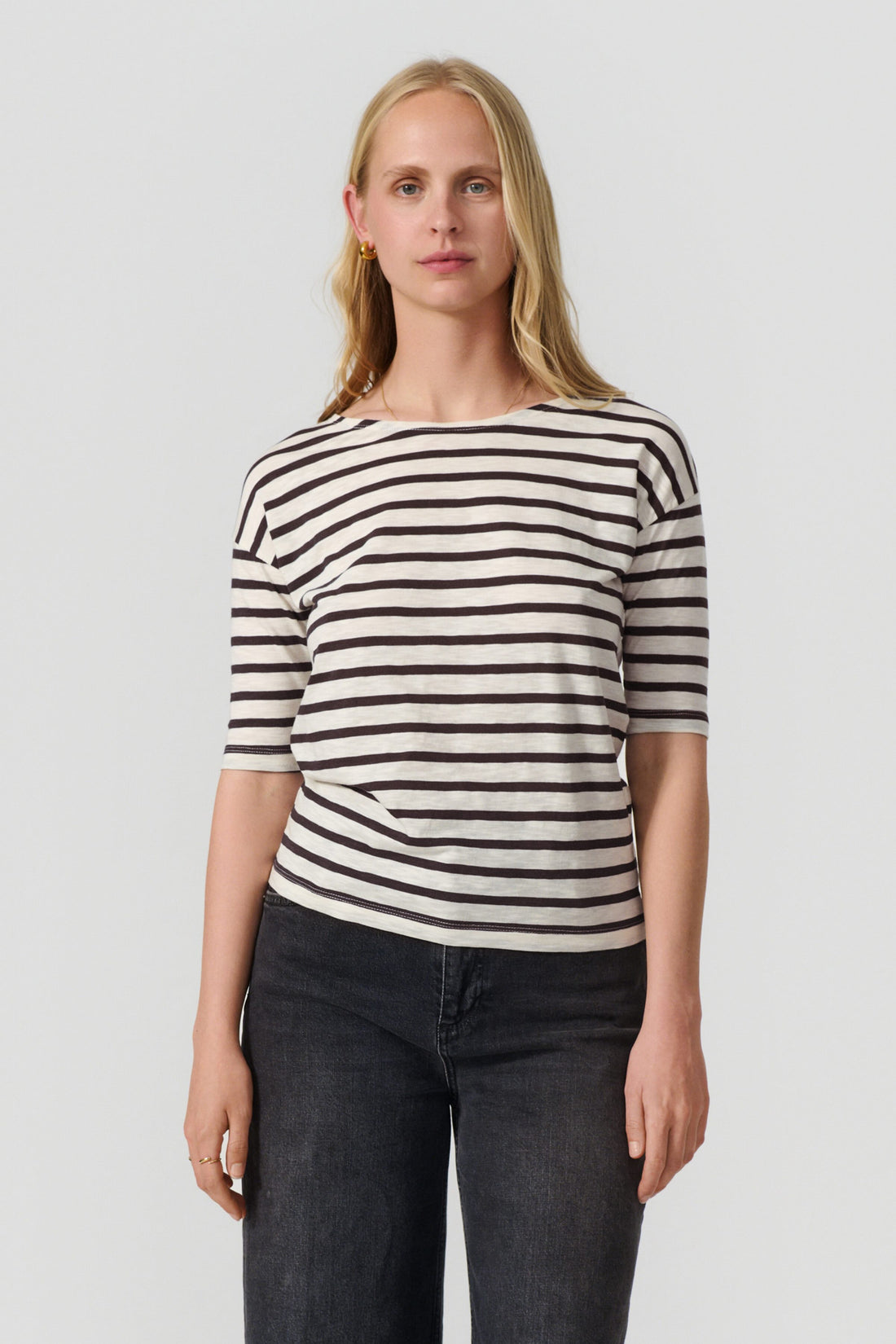 Louisa short sleeve t-shirt cream/dark brown stripe