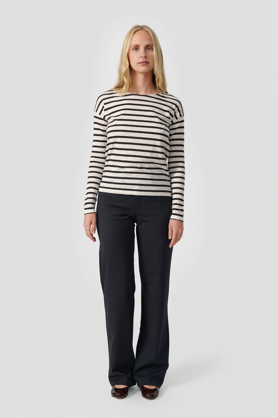 Dorrie long sleeve t-shirt cream/dark brown stripe