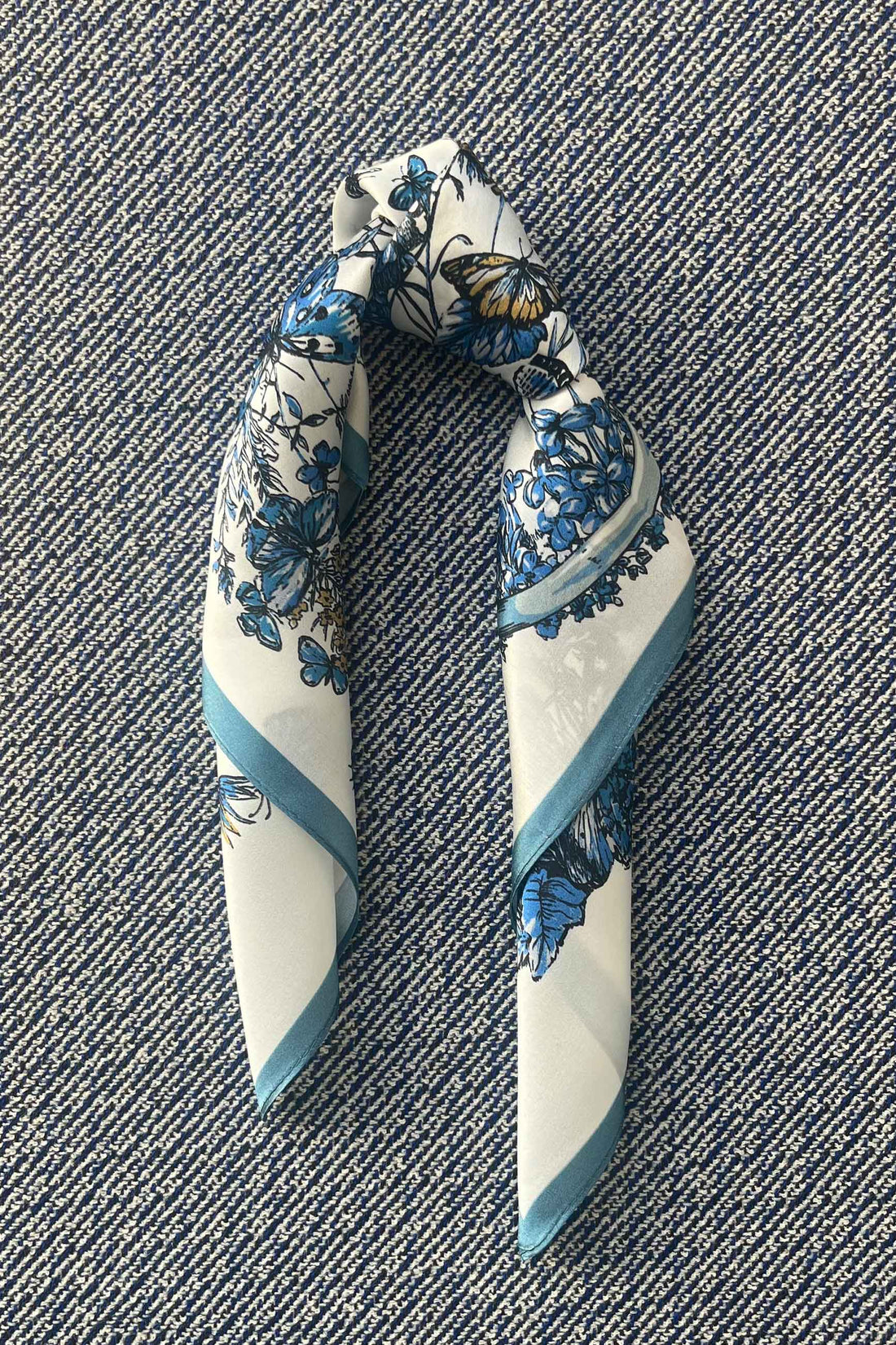 Silk scarf off white/blue butterflies and flowers
