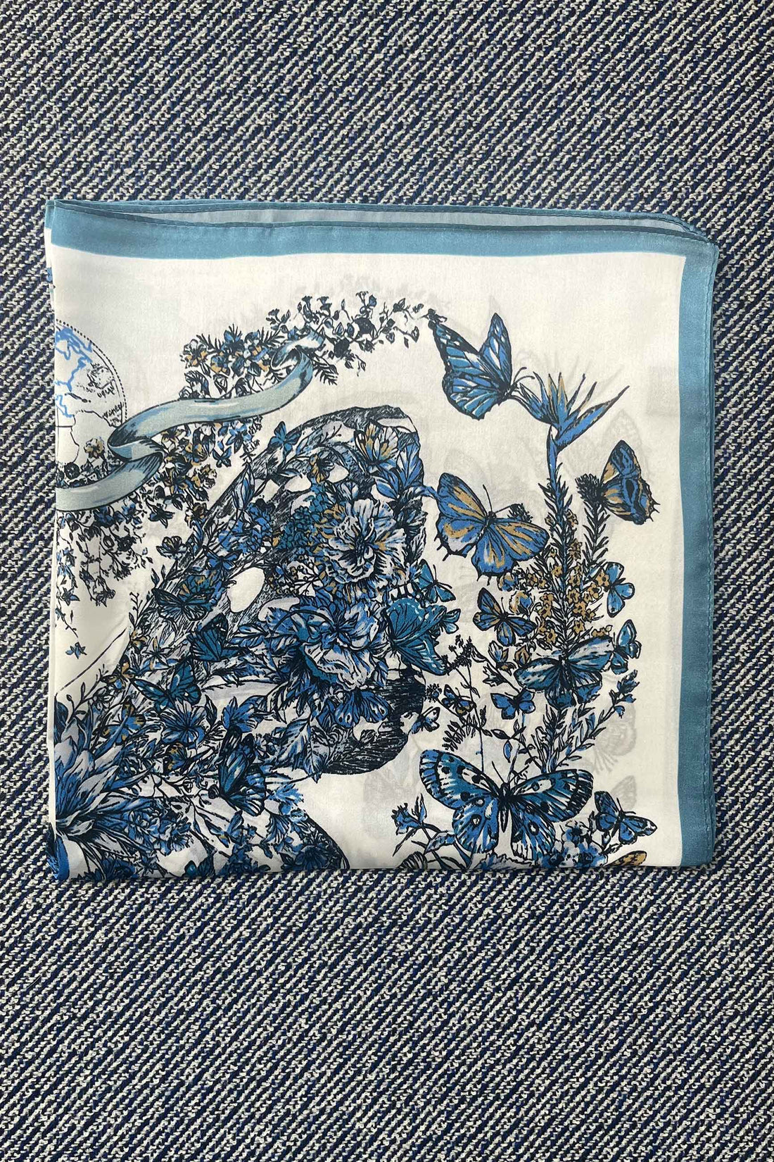 Silk scarf off white/blue butterflies and flowers