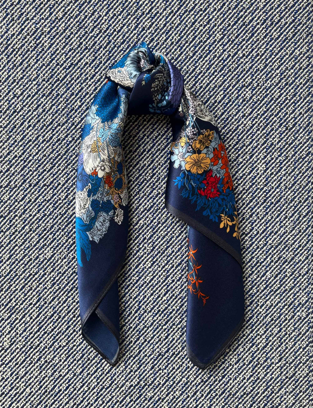 Silk scarf deep blue/bright multi flower