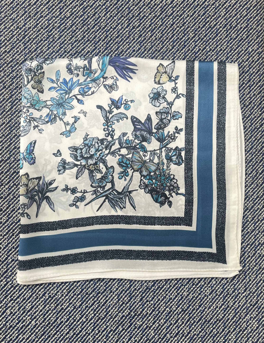Silk scarf off white/blue/grey butterflies and flowers