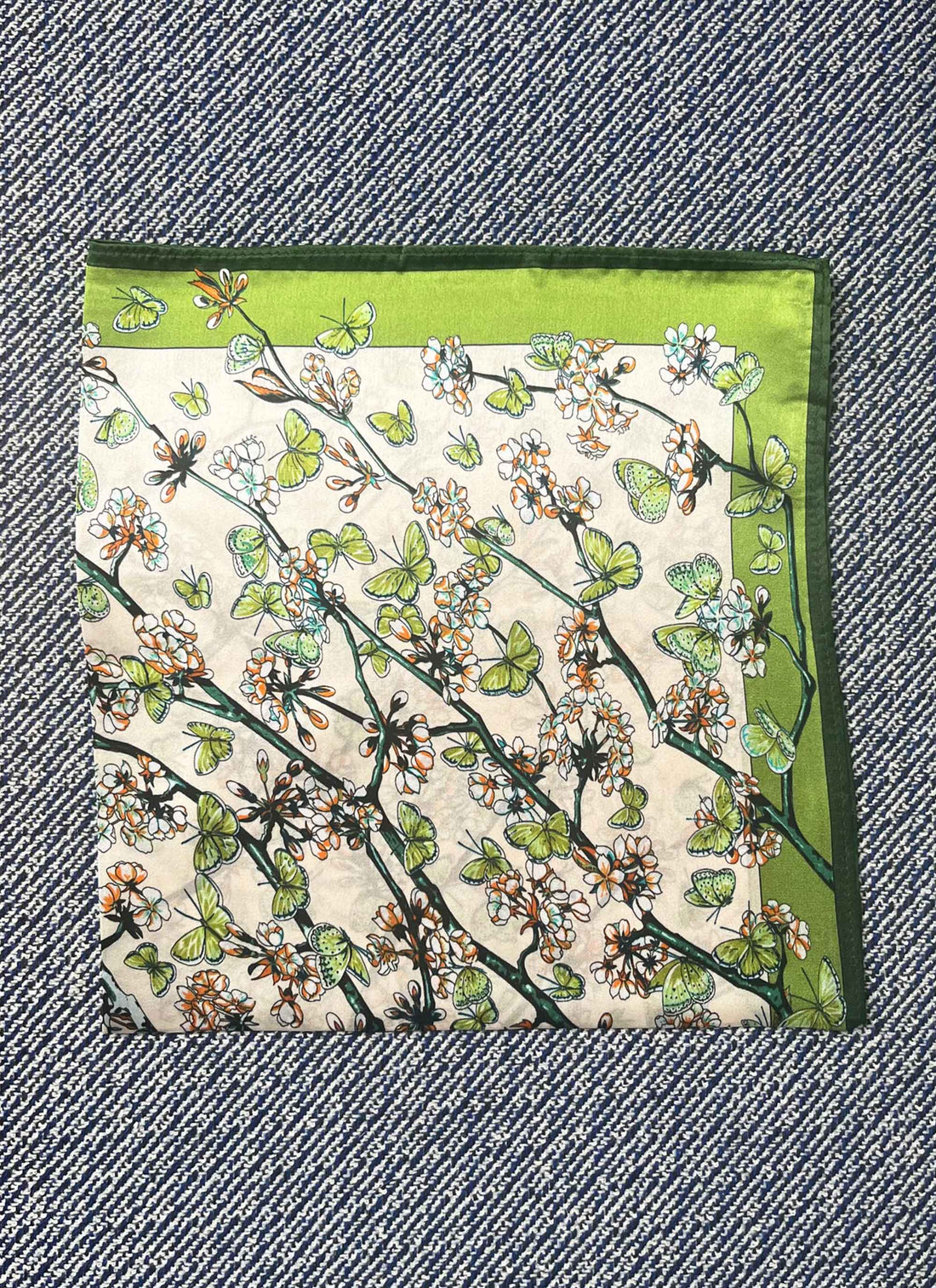 Silk scarf nude/lime butterflies and flowers
