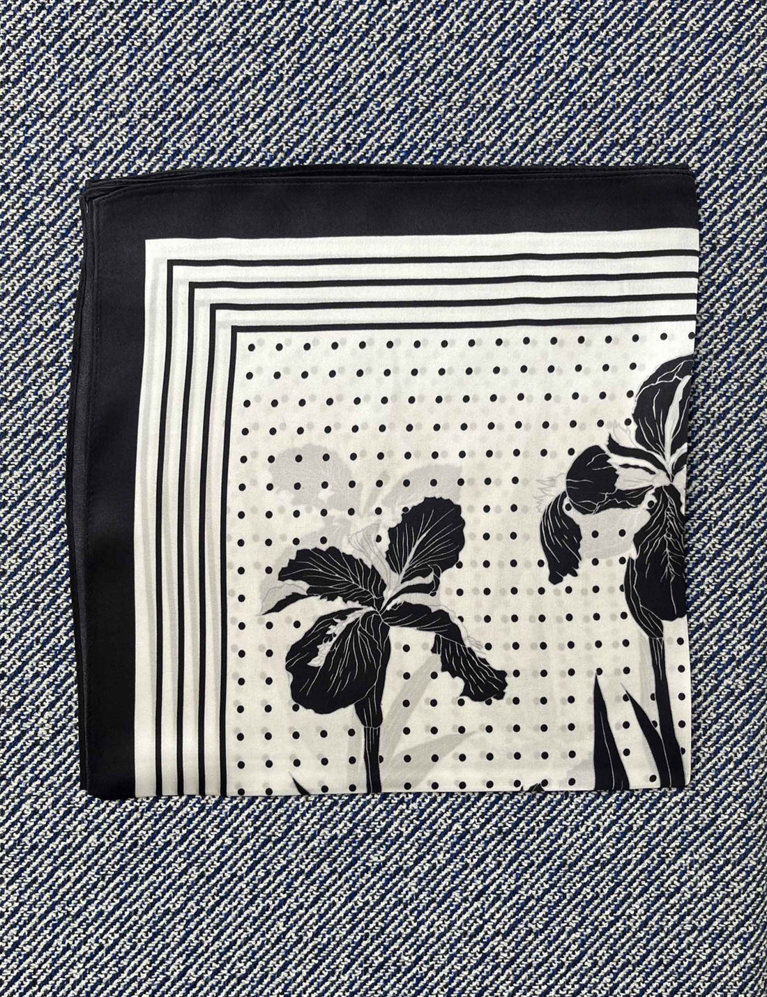 Silk scarf off white black dots flowers and stripes
