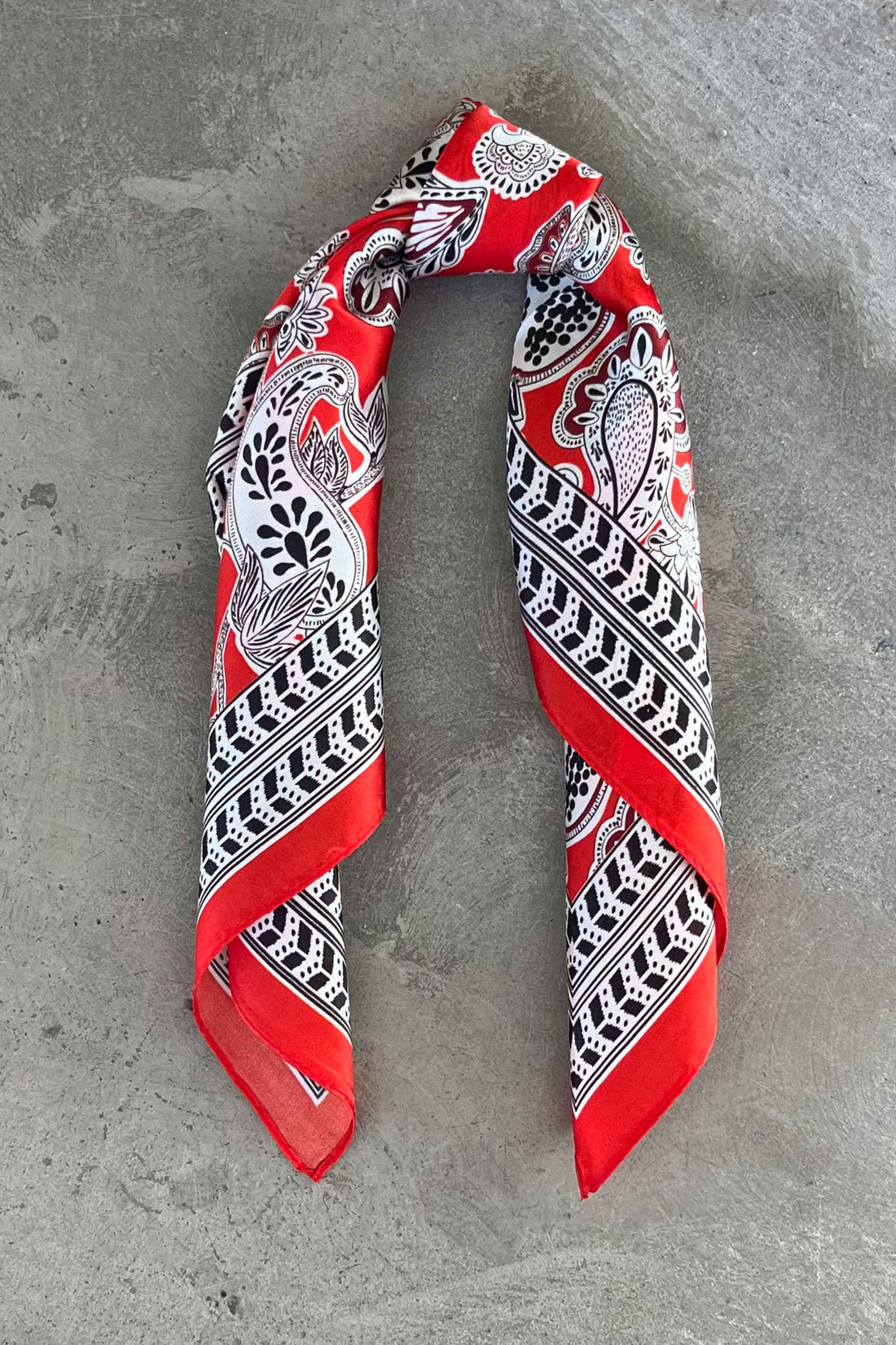 Silk scarf bright red/off white/black birds paisley