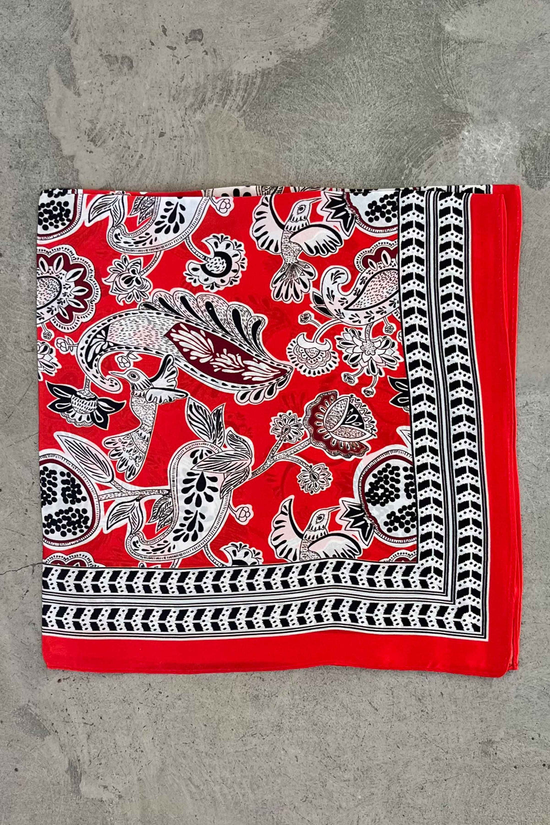 Silk scarf bright red/off white/black birds paisley