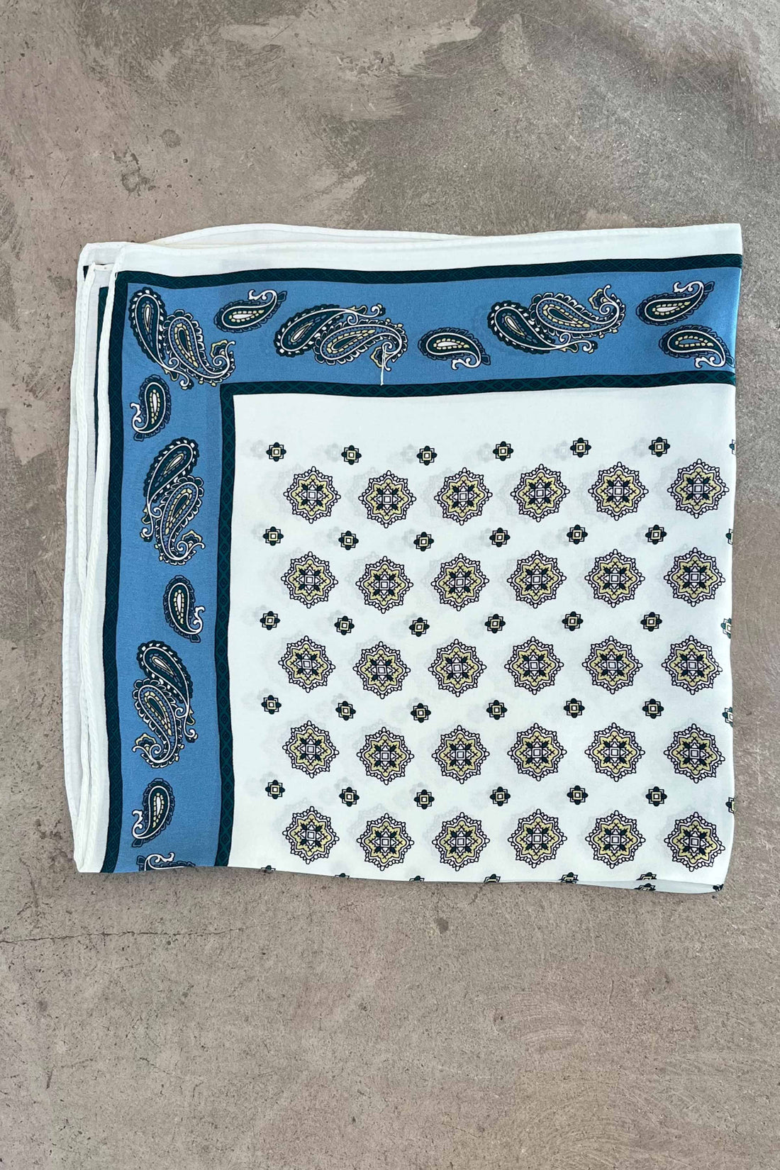 Silk scarf vanilla/yellow flower green/blue paisley