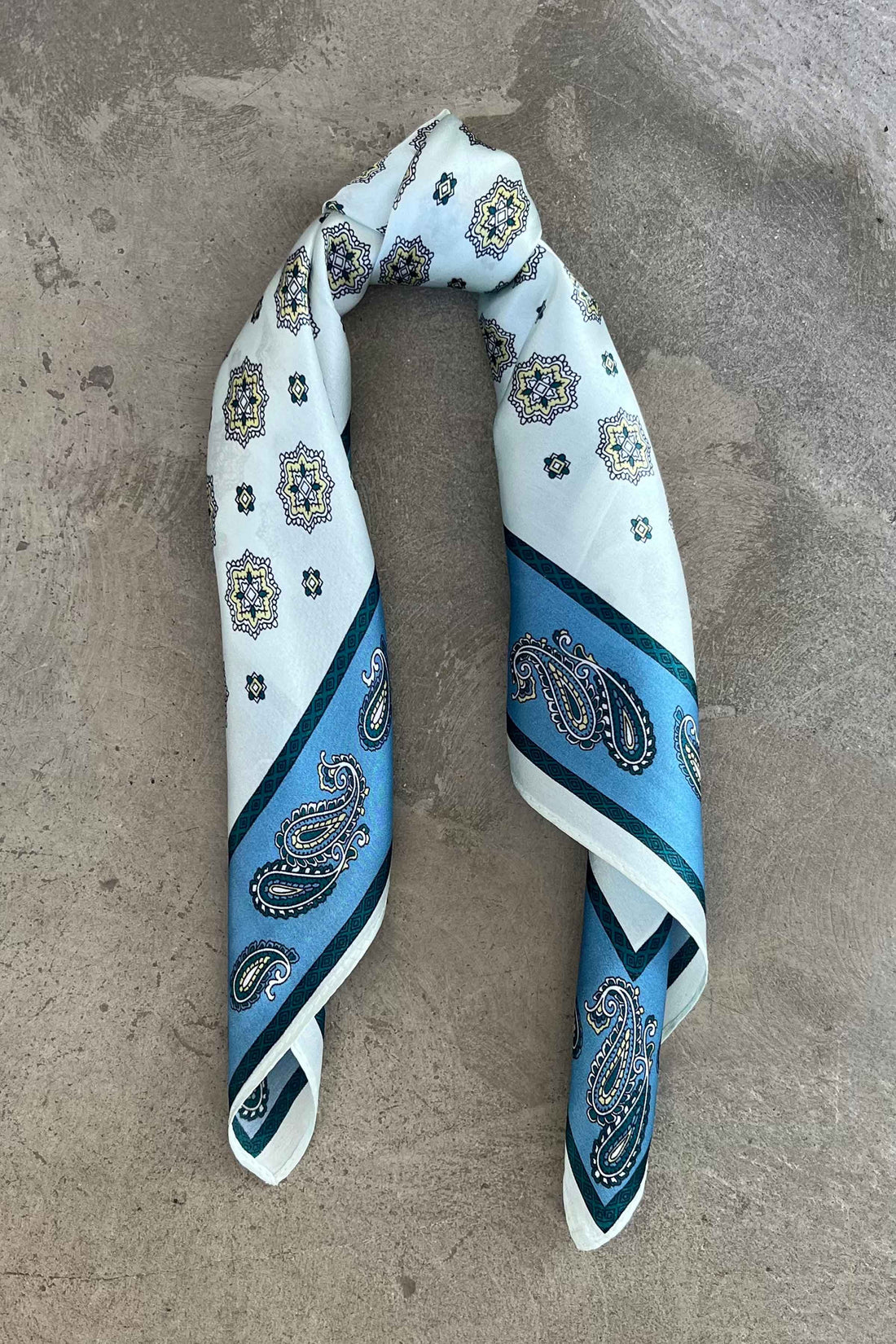 Silk scarf vanilla/yellow flower green/blue paisley