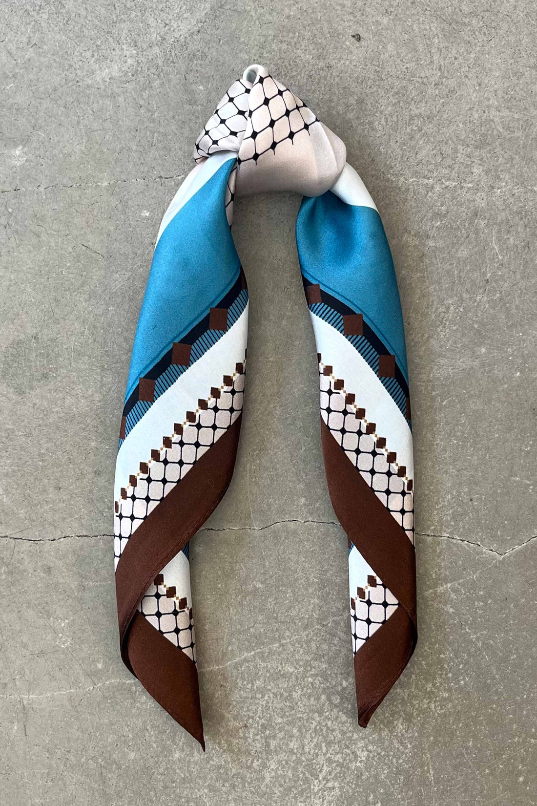 Silk scarf brown/turquoise/nude/off white graphic