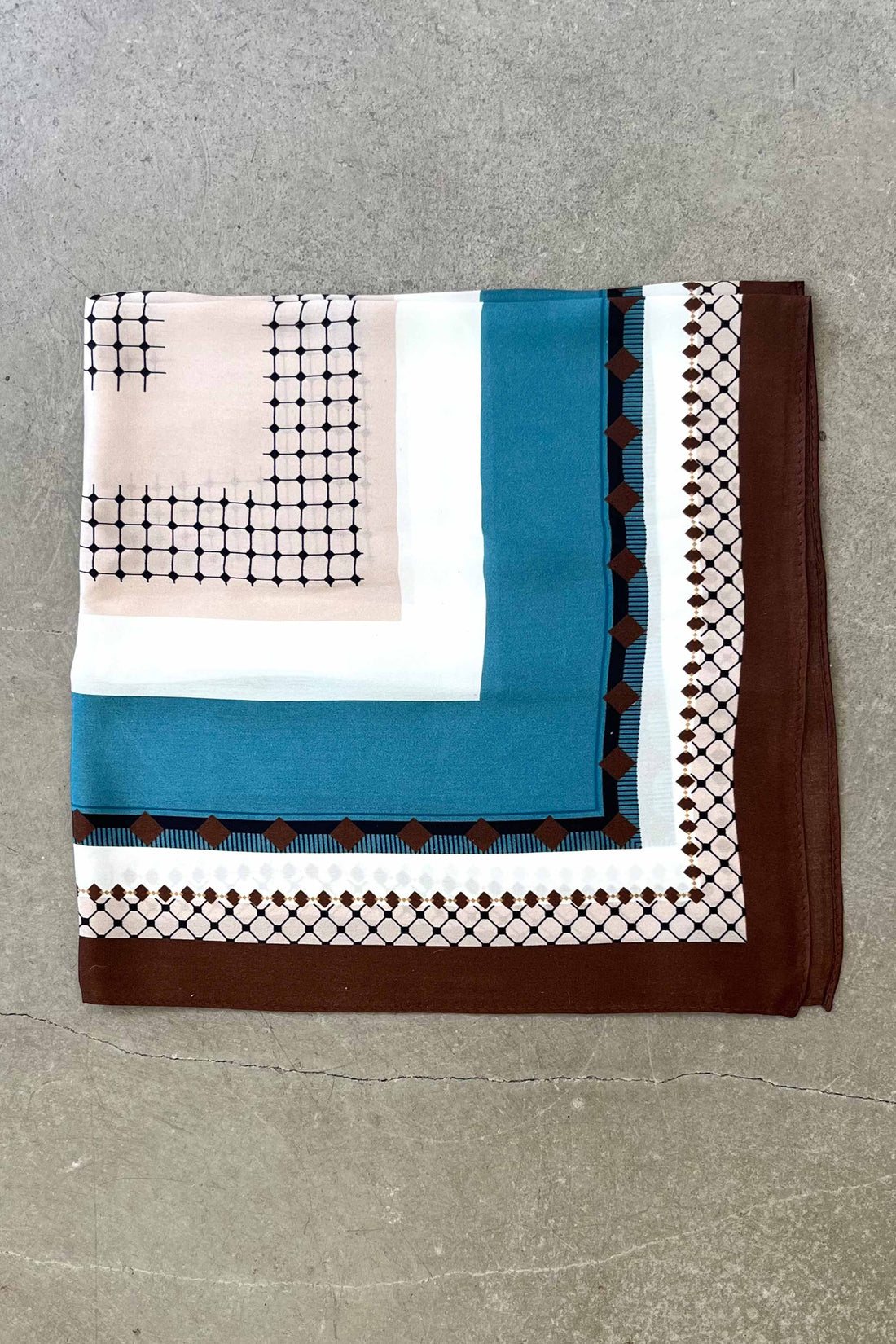 Silk scarf brown/turquoise/nude/off white graphic