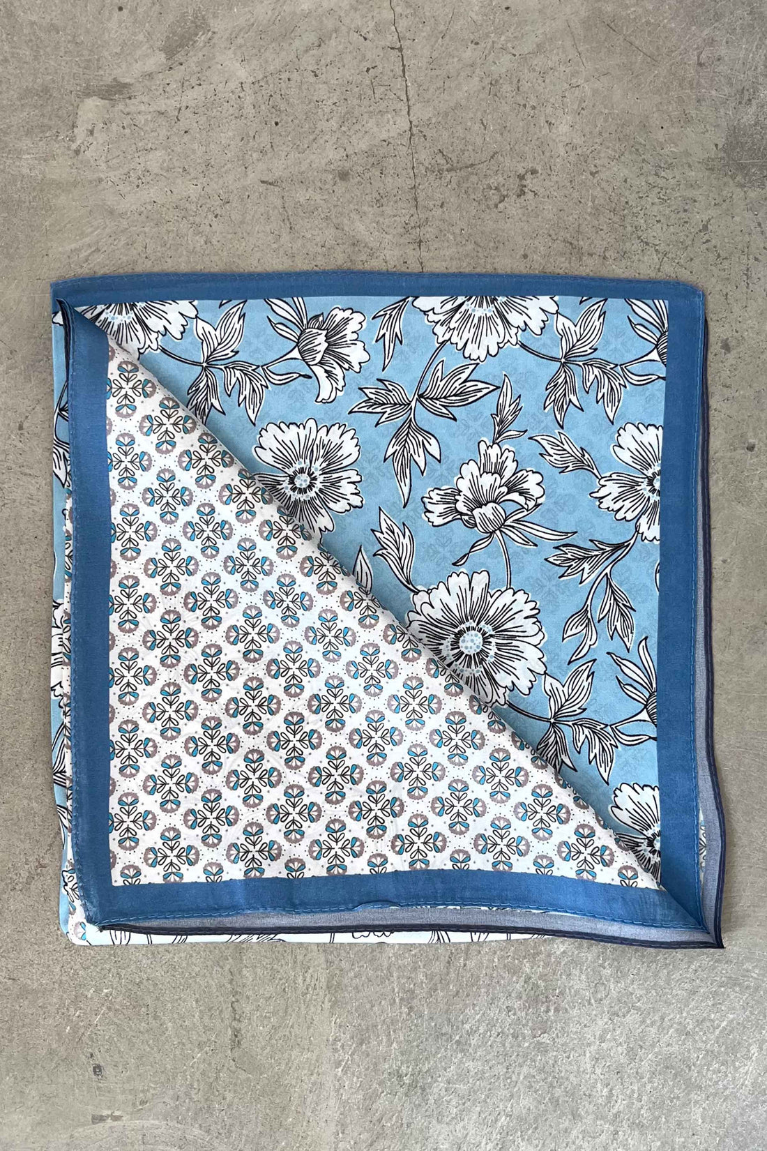 Silk scarf off white blue graphic flower
