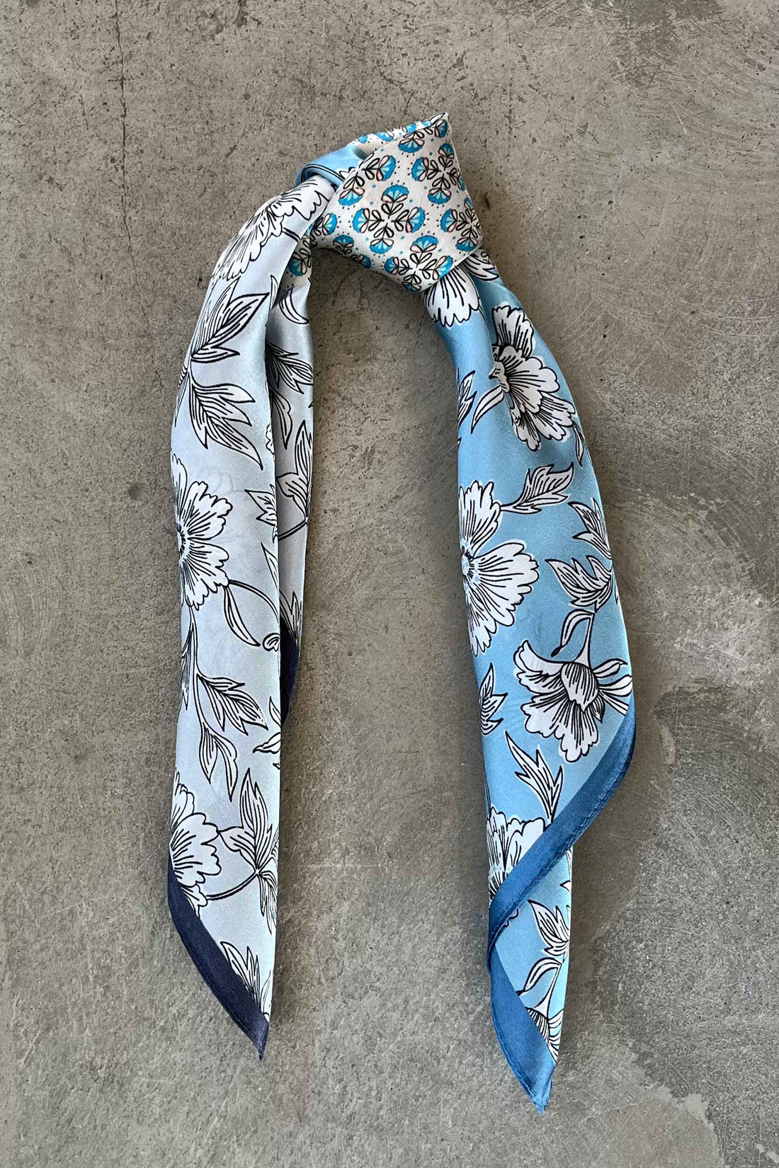 Silk scarf off white blue graphic flower