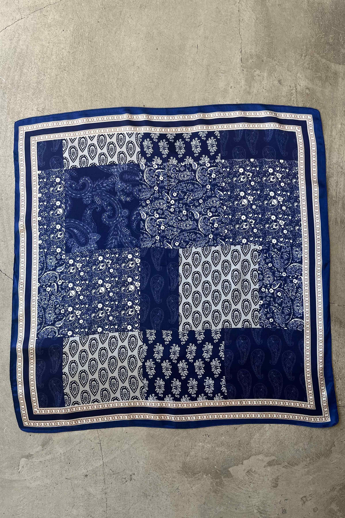 Silk scarf cream/navy patchwork paisley