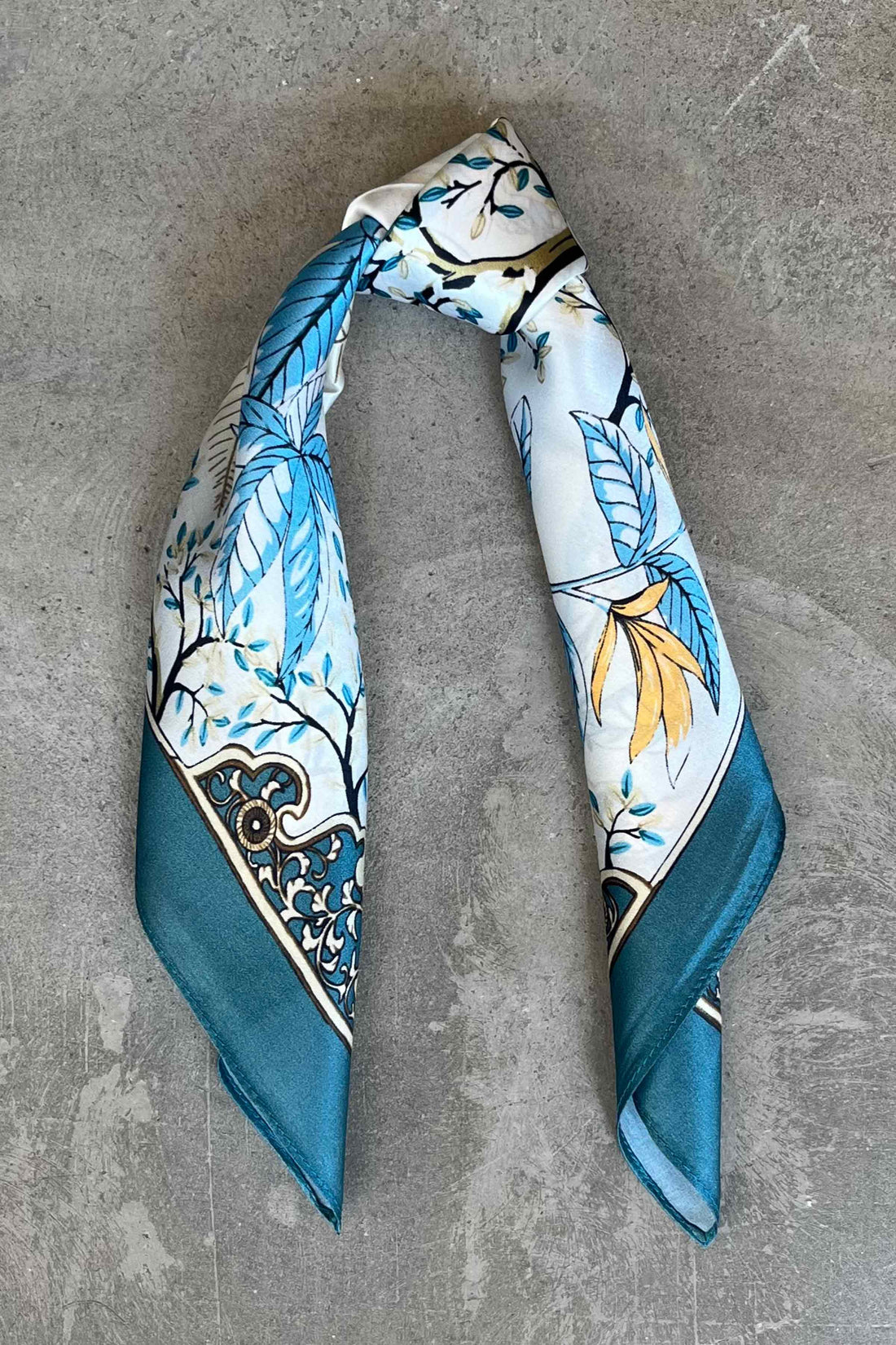 Silk scarf cream/blue/yellow petrol flowers