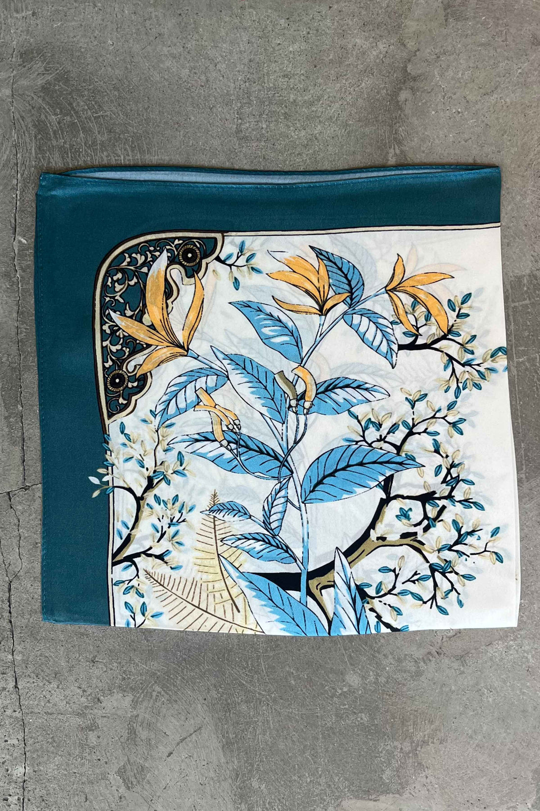Silk scarf cream/blue/yellow petrol flowers