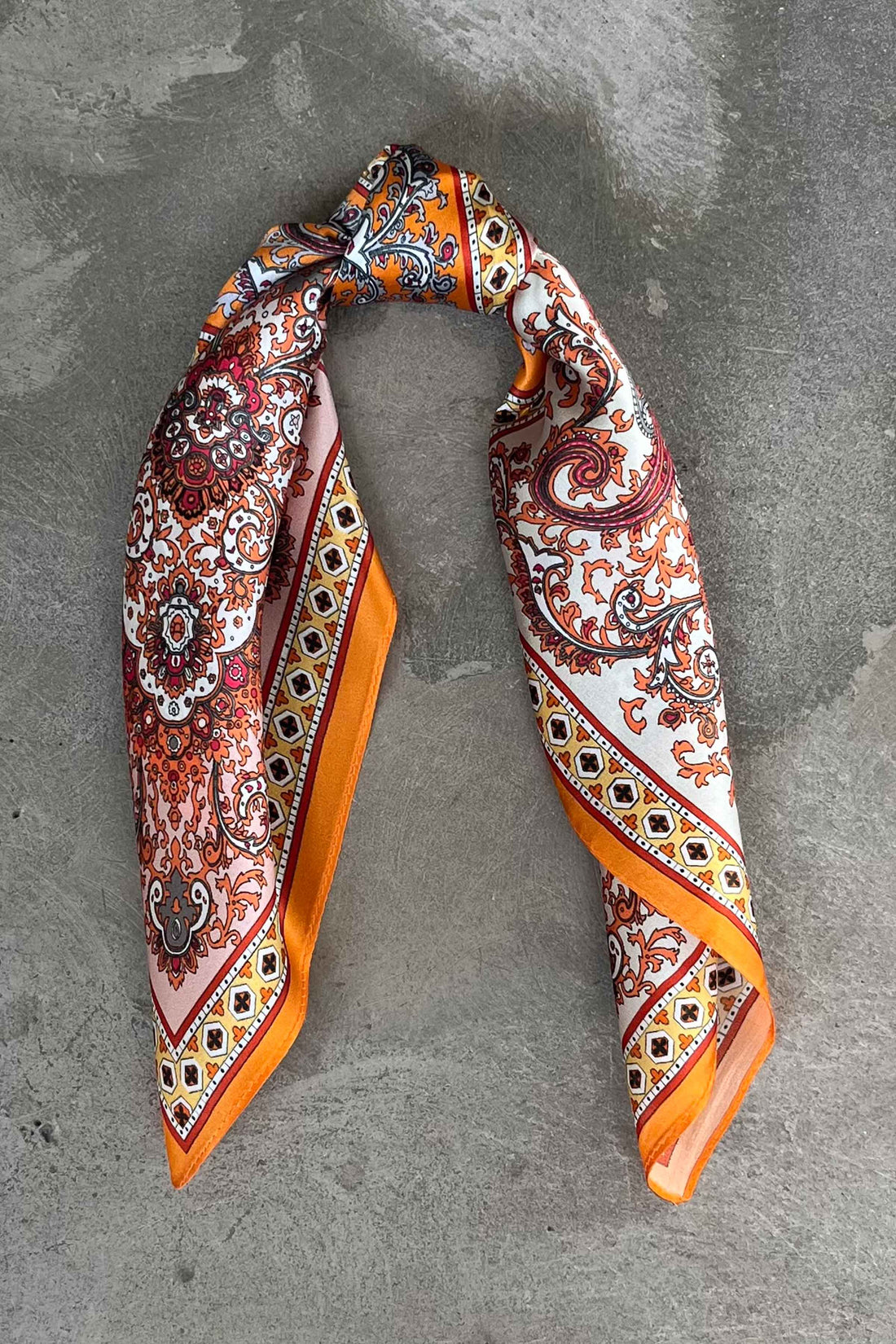Silk scarf orange/yellow/nude paisley