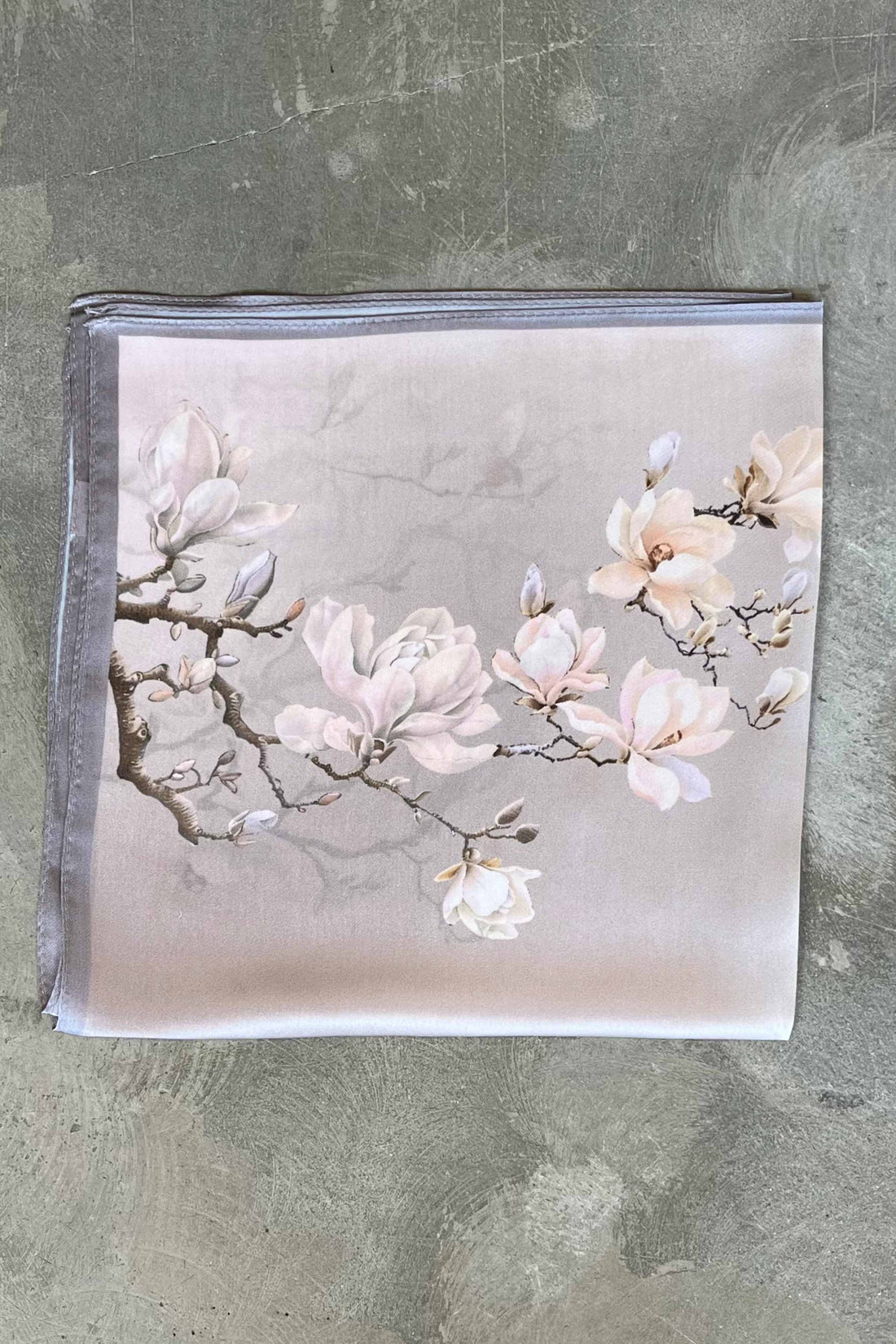 Silk scarf light lavender/grey magnolia flower