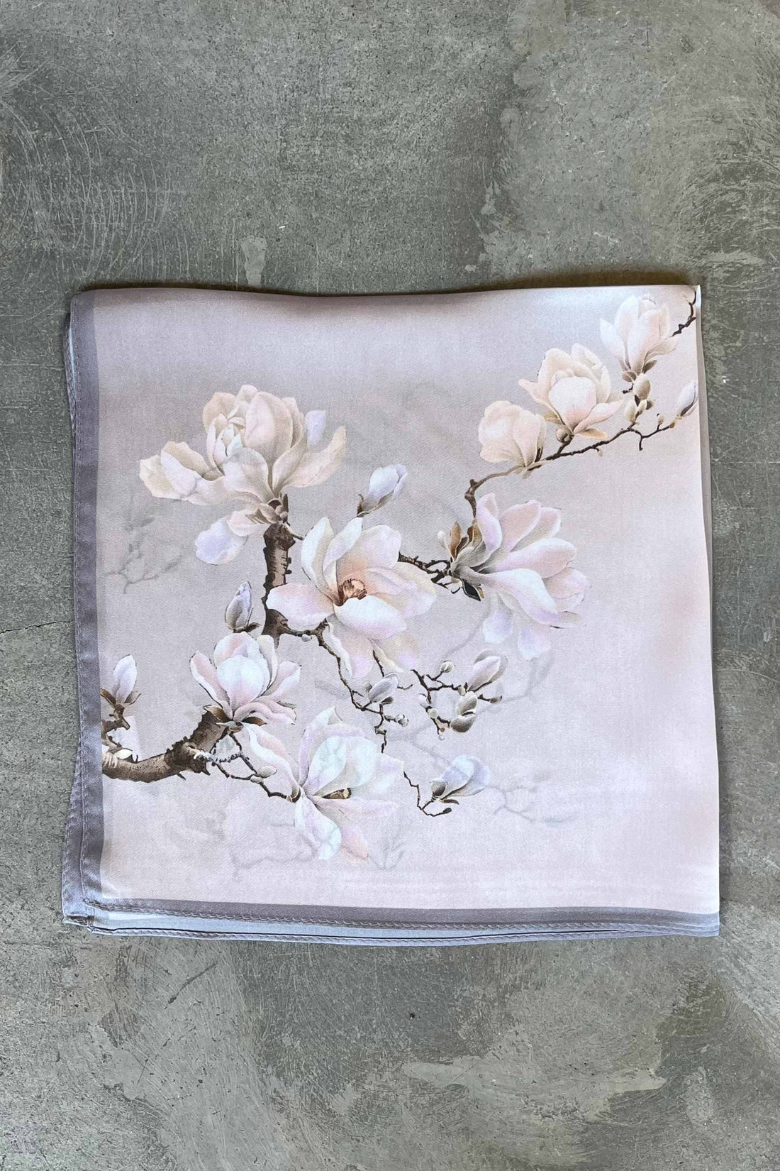 Silk scarf light lavender/grey magnolia flower