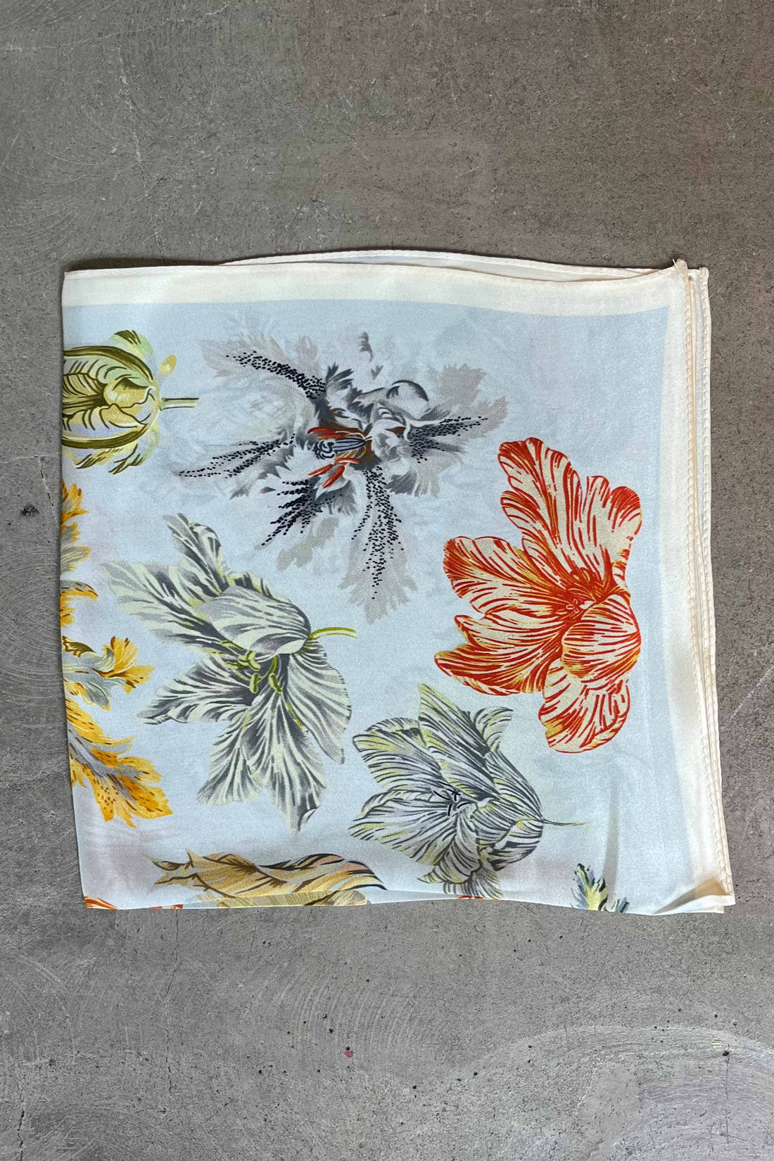 Silk scarf light blue/orange flowers