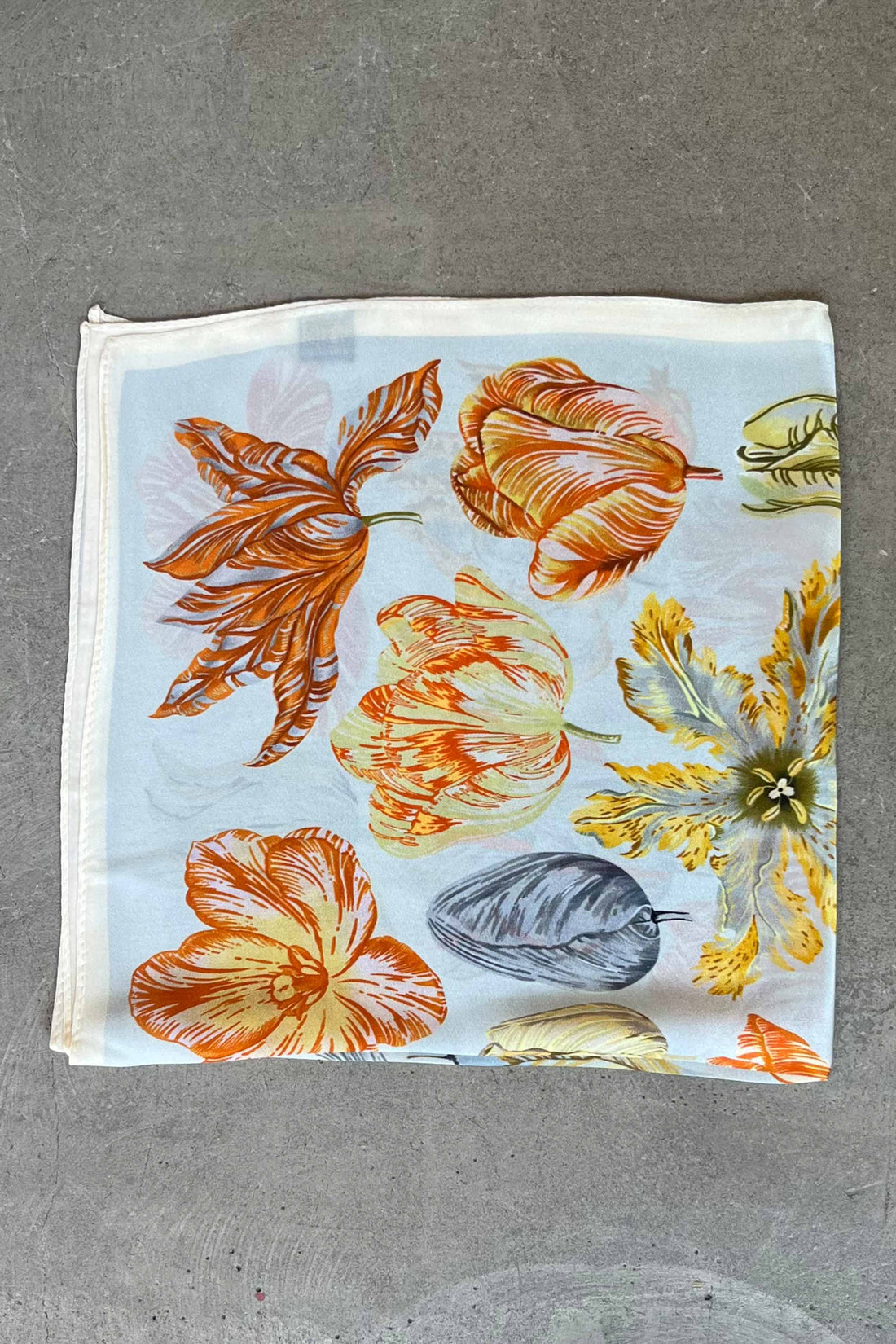 Silk scarf light blue/orange flowers