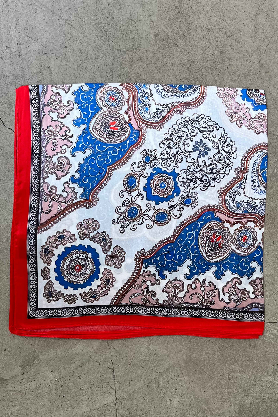 Silk scarf blue/white/rose/red paisley