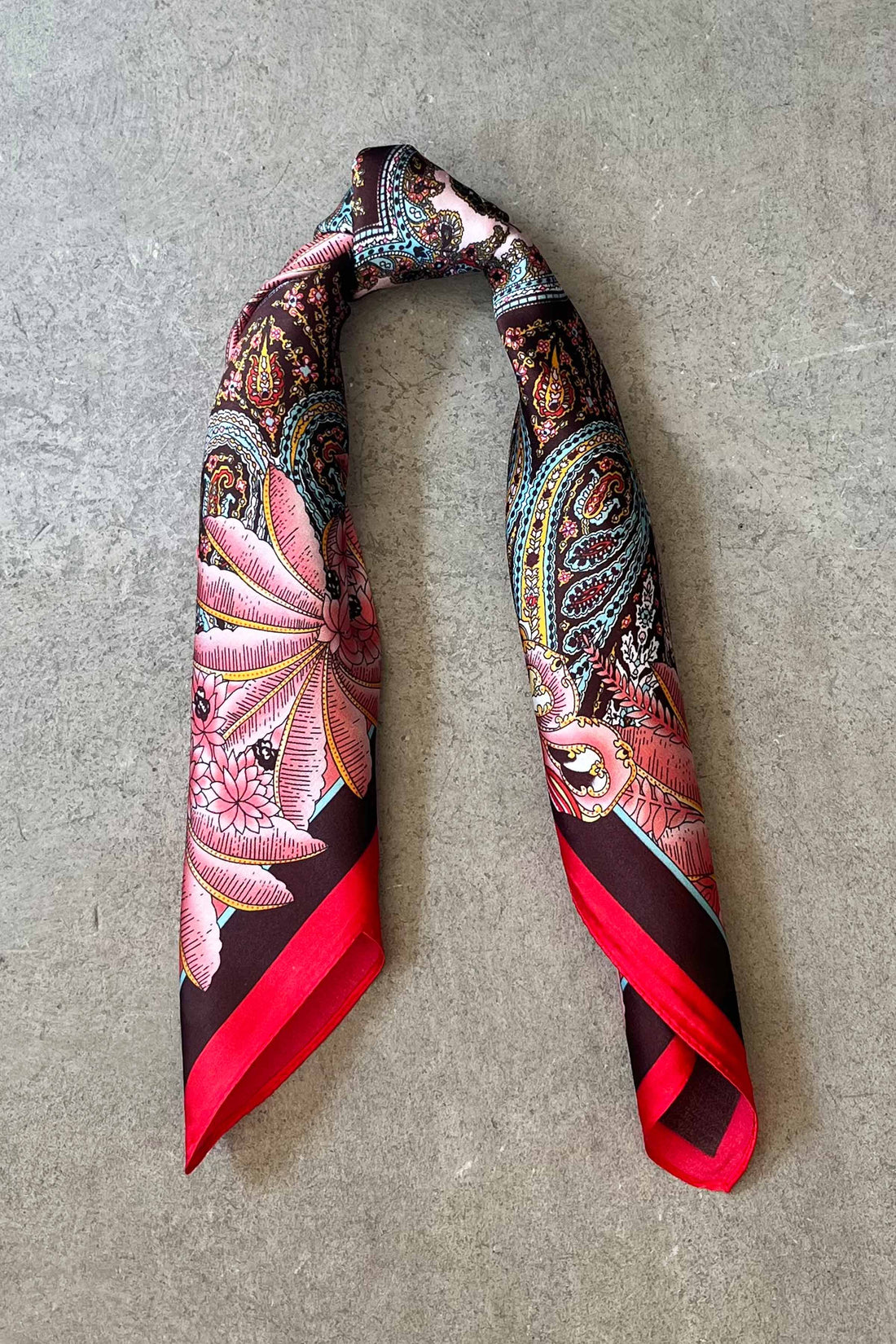 Silk scarf brown/rose/blue/yellow paisley