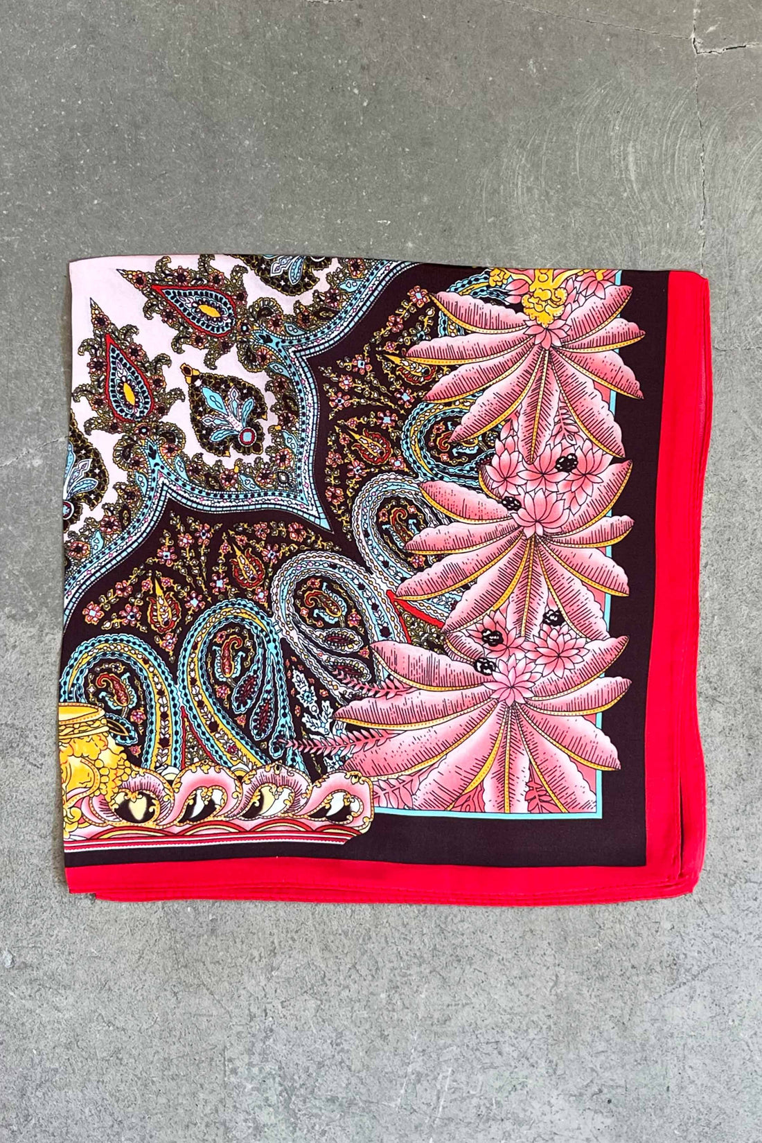 Silk scarf brown/rose/blue/yellow paisley