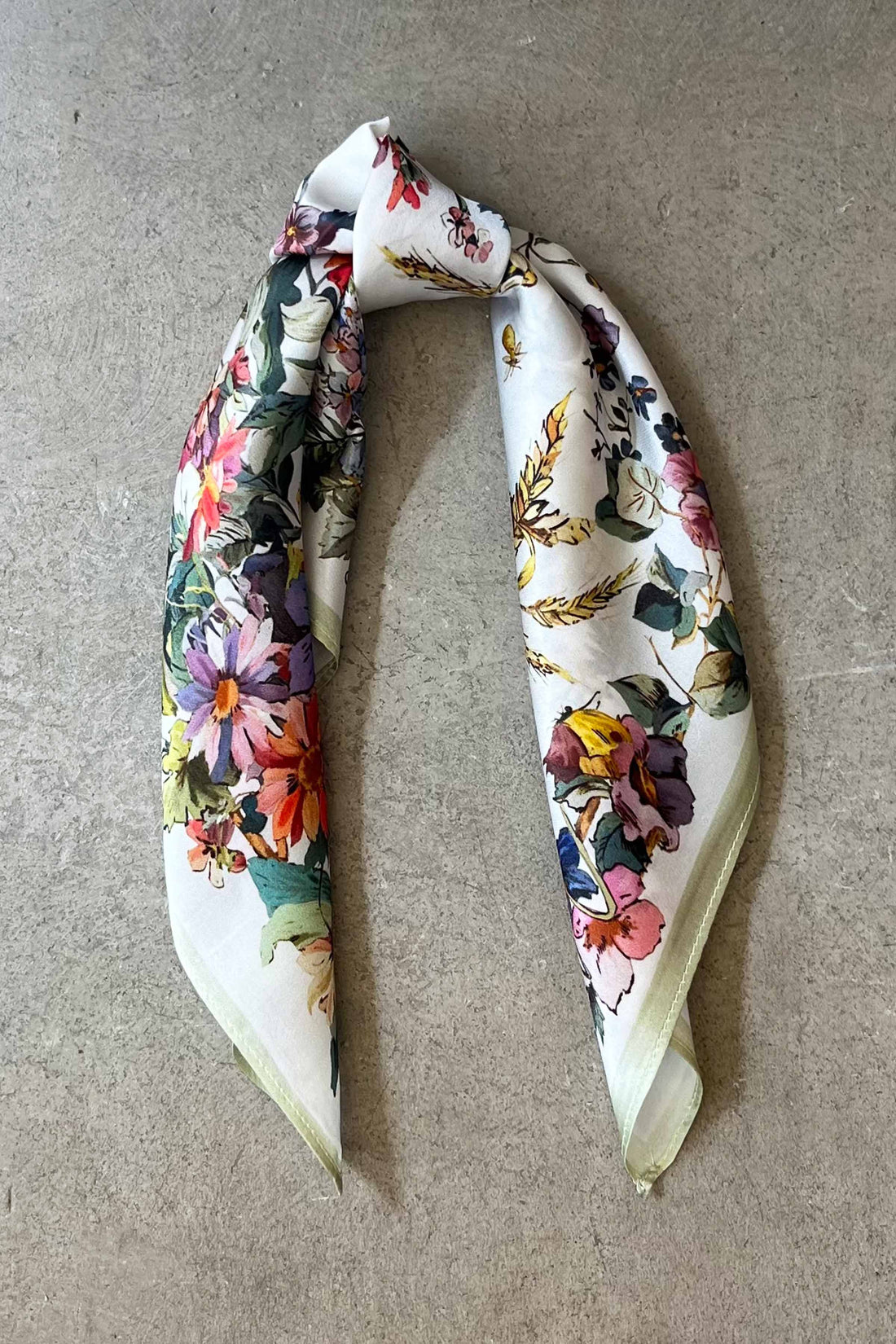 Silk scarf off-white/mint multi flowers and butterflies