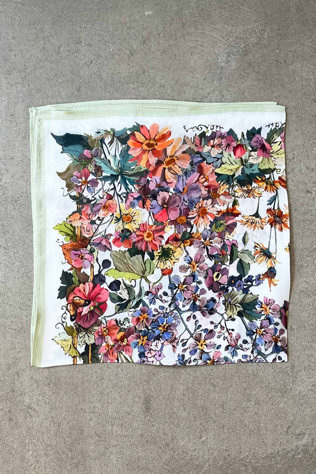 Silk scarf off-white/mint multi flowers and butterflies