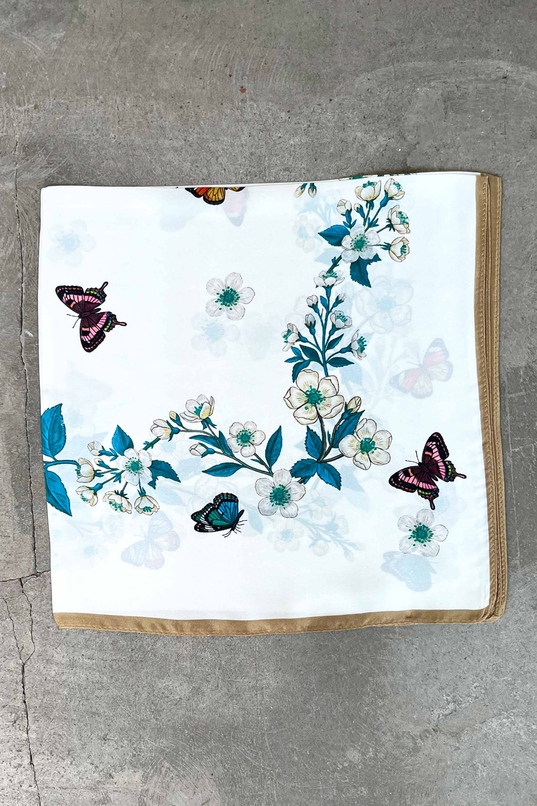 Silk scarf off-white/multi butterflies/white flowers