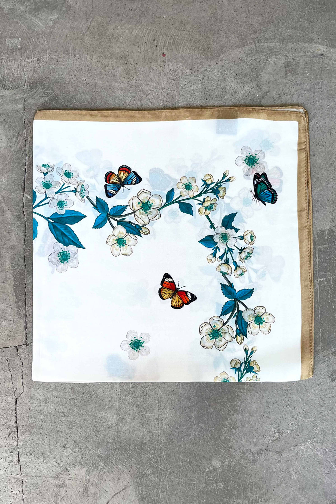Silk scarf off-white/multi butterflies/white flowers