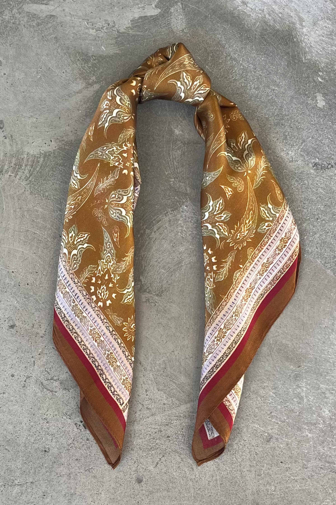 Silk scarf rust brown/army white paisley