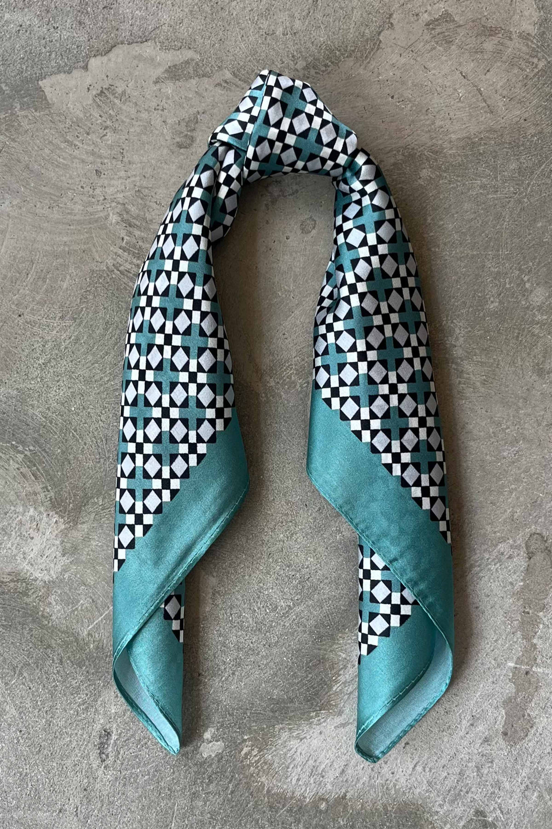 Silk scarf teal/navy/grey graphic