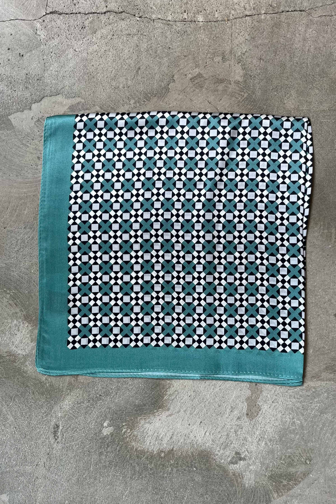 Silk scarf teal/navy/grey graphic