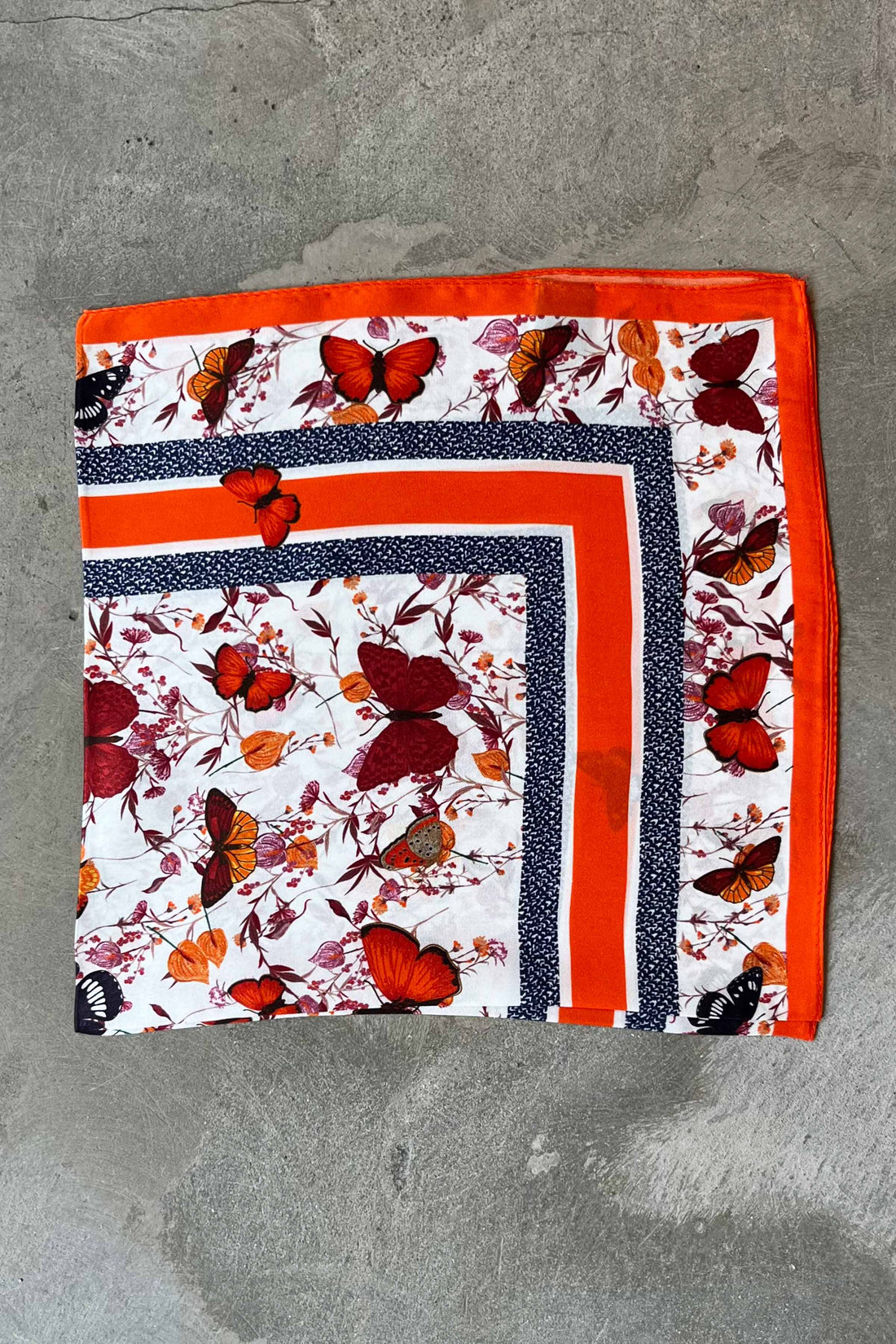 Silk scarf off-white/orange/burgundy butterflies