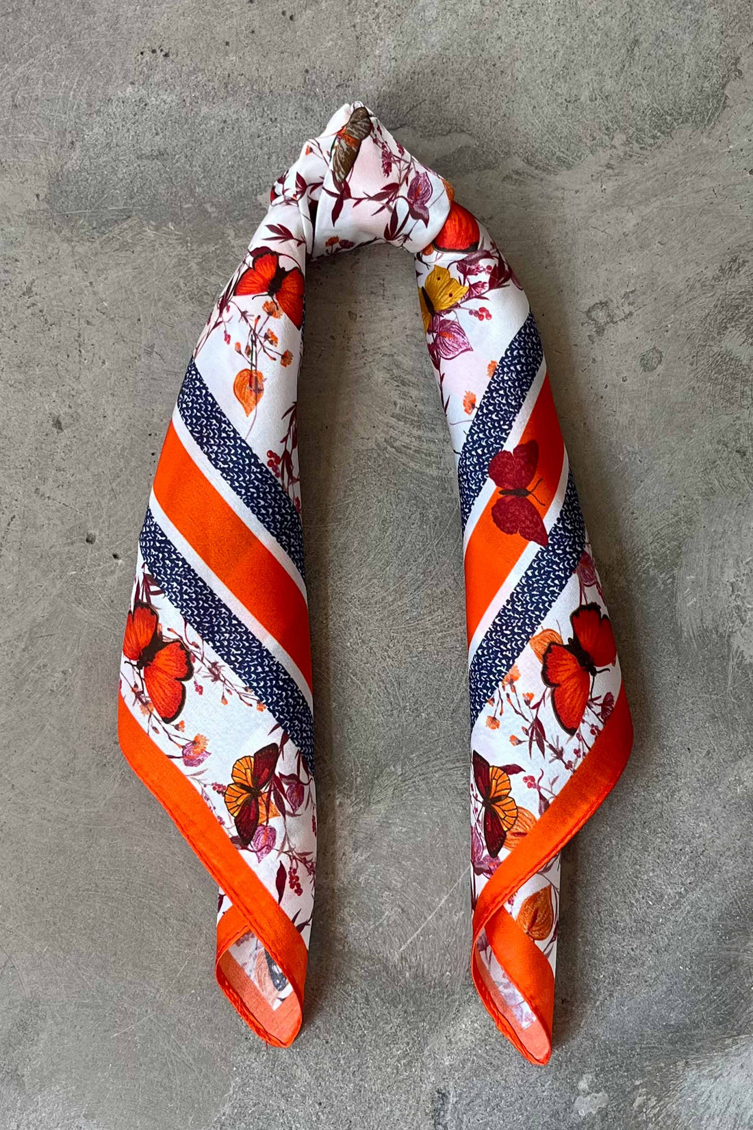 Silk scarf off-white/orange/burgundy butterflies