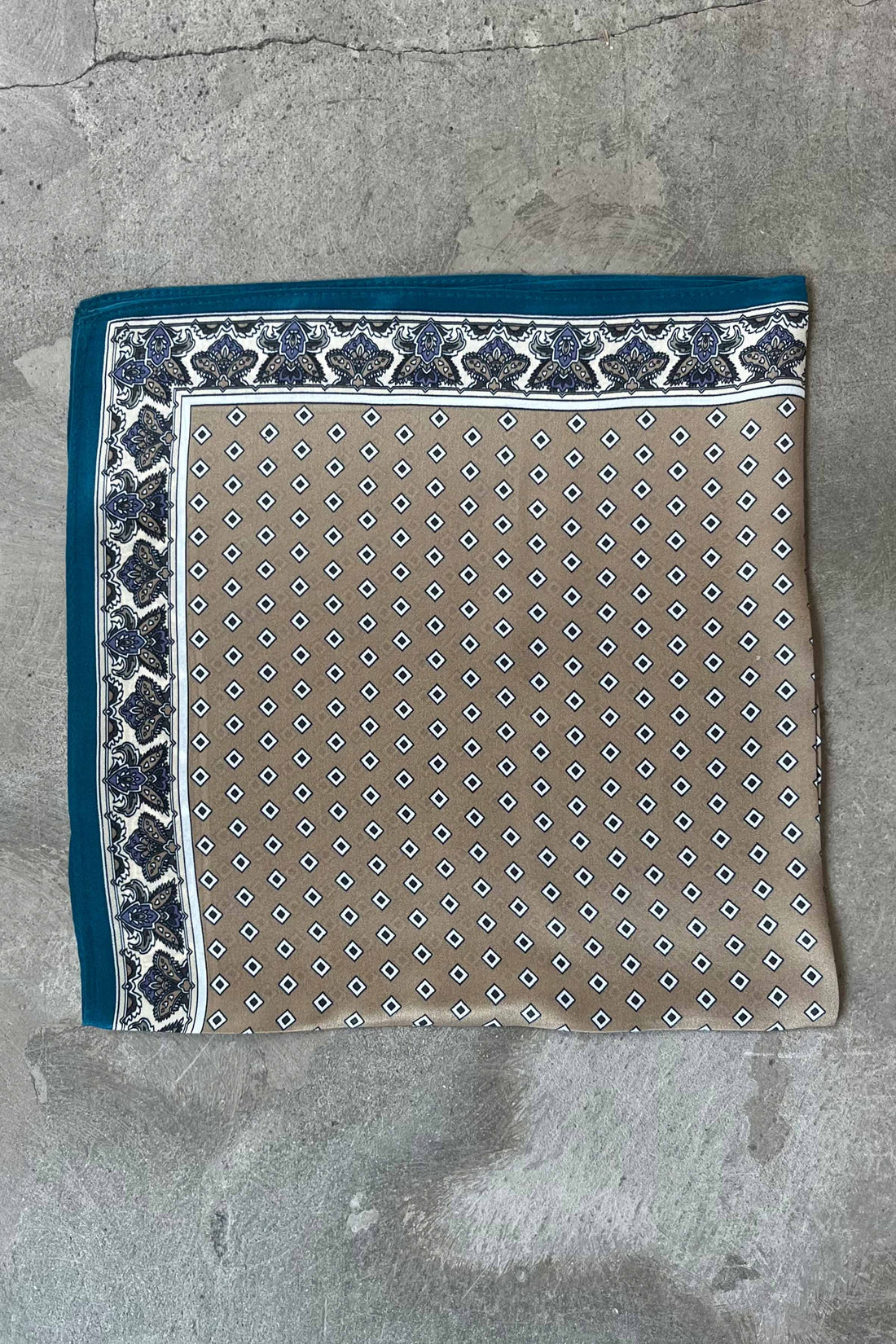Silk scarf camel/off-white diamonds/rococo/turquoise blue