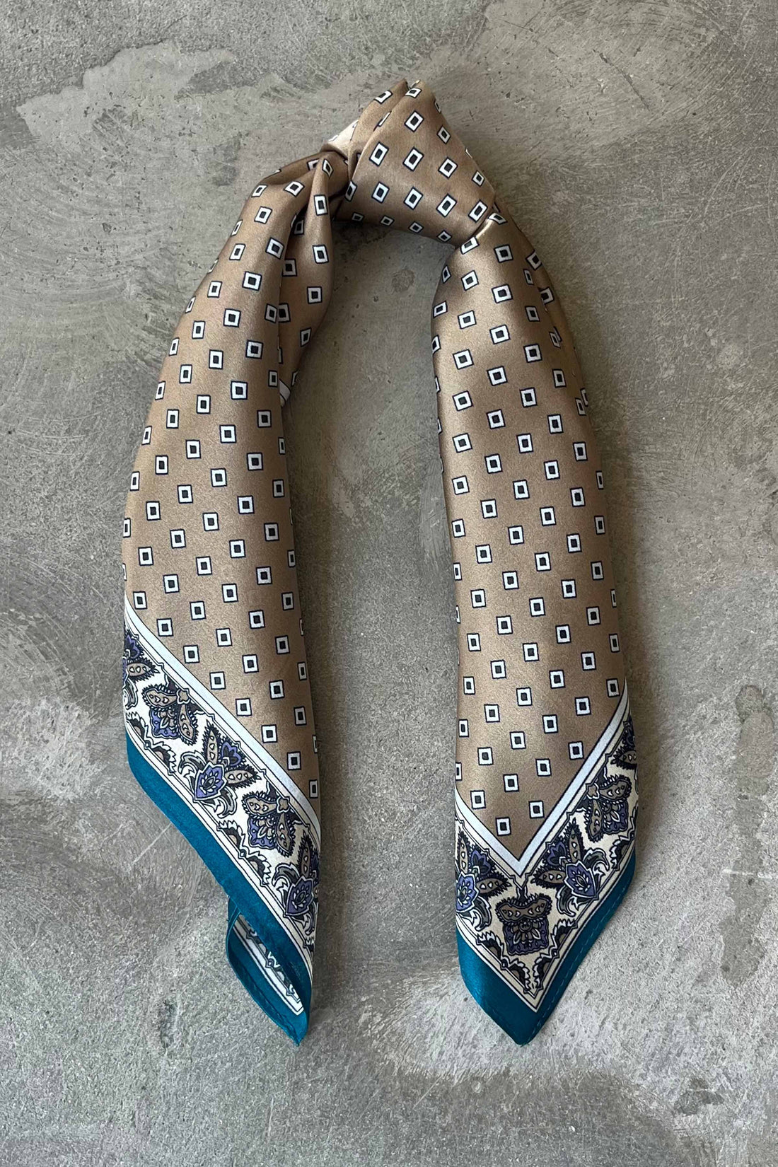 Silk scarf camel/off-white diamonds/rococo/turquoise blue