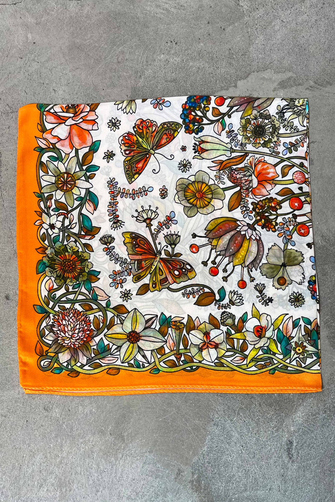 Silk scarf off-white/orange/army butterflies and flowers