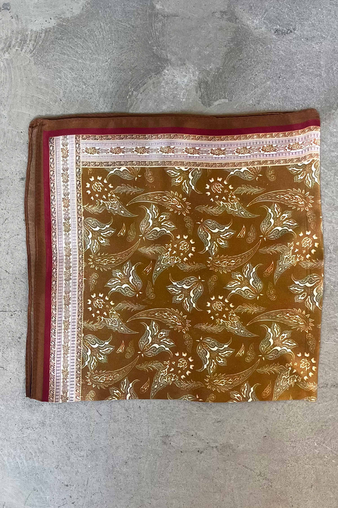 Silk scarf rust brown/army white paisley