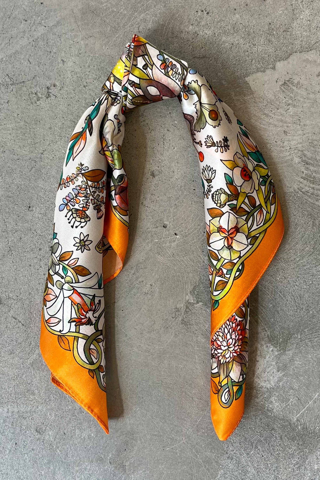 Silk scarf off-white/orange/army butterflies and flowers