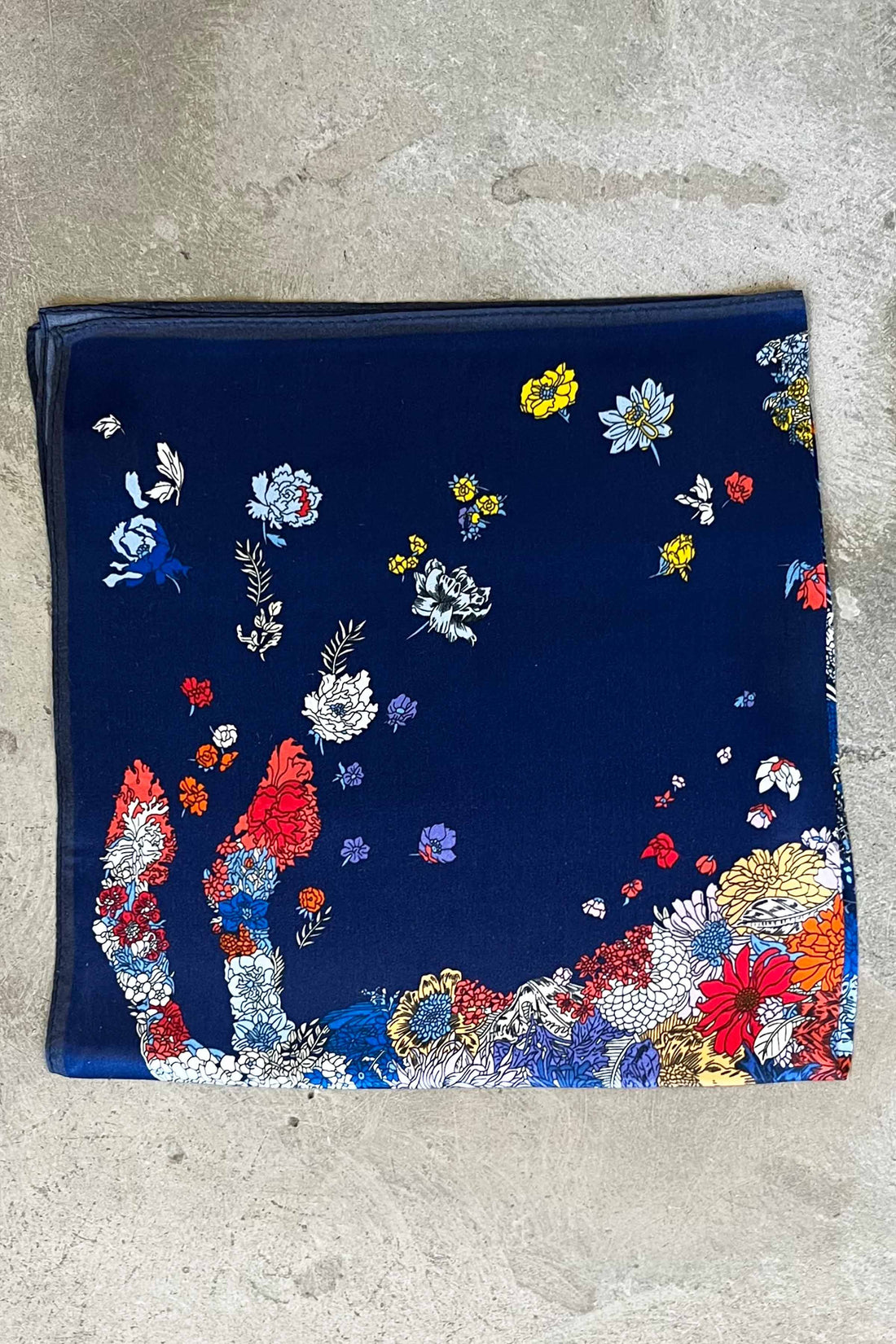 Silk scarf deep blue/bright multi flower