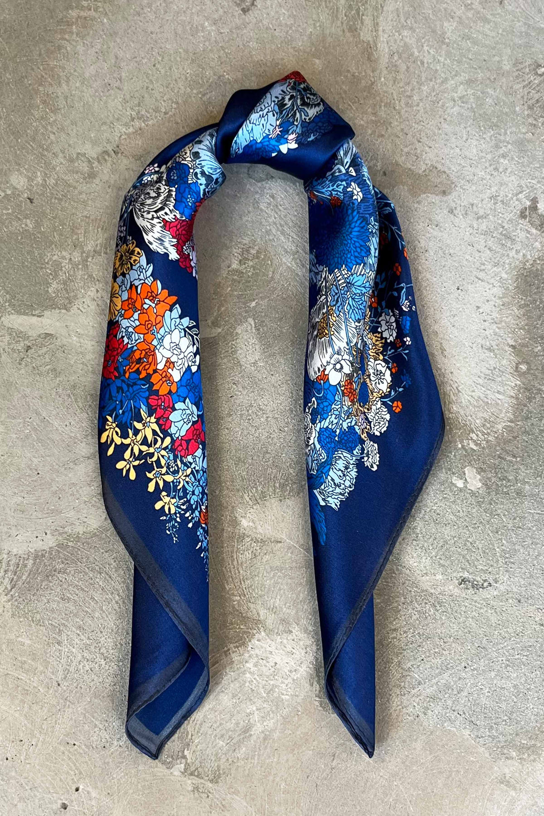 Silk scarf deep blue/bright multi flower