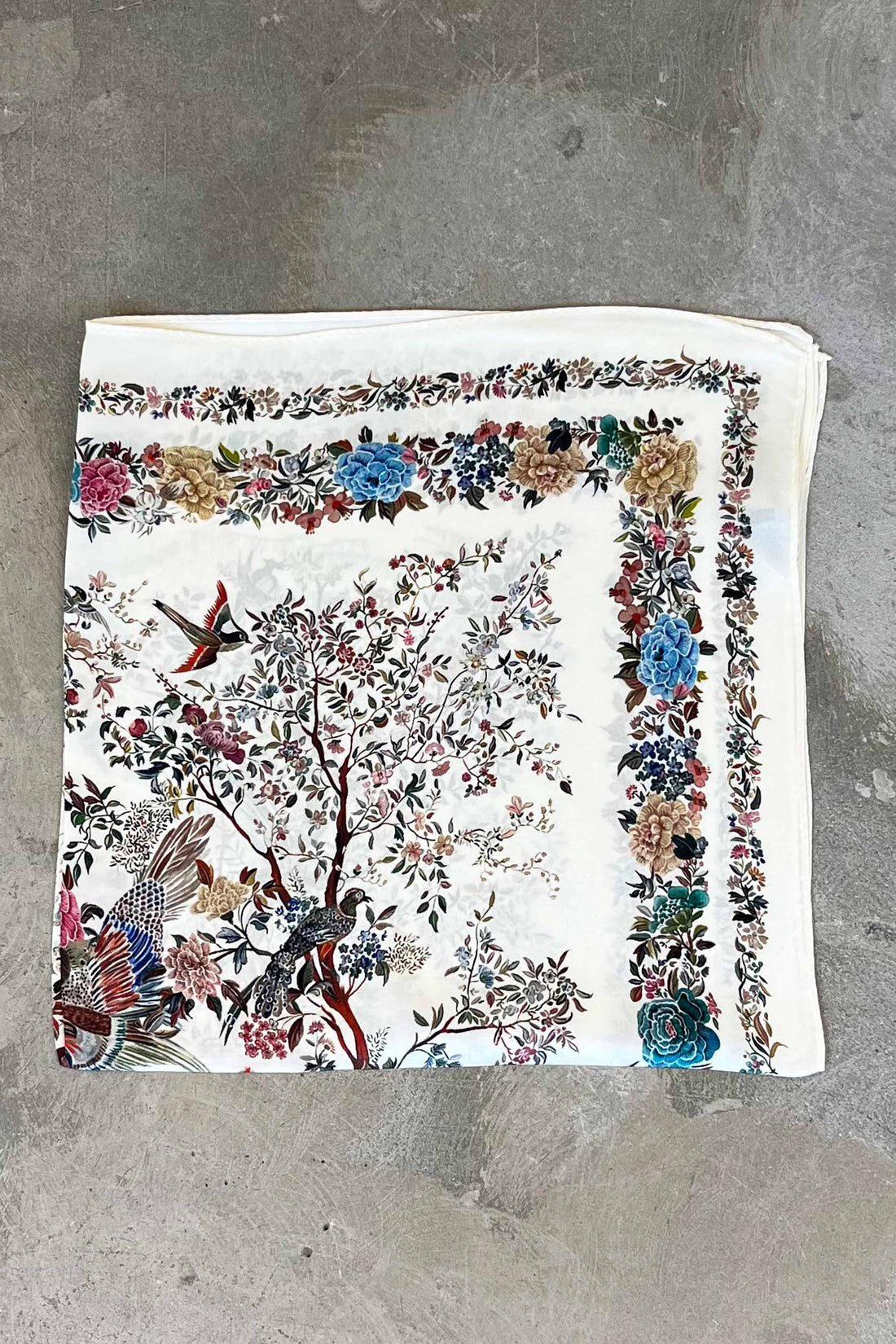 Silk scarf cream blue rose flowers and birds
