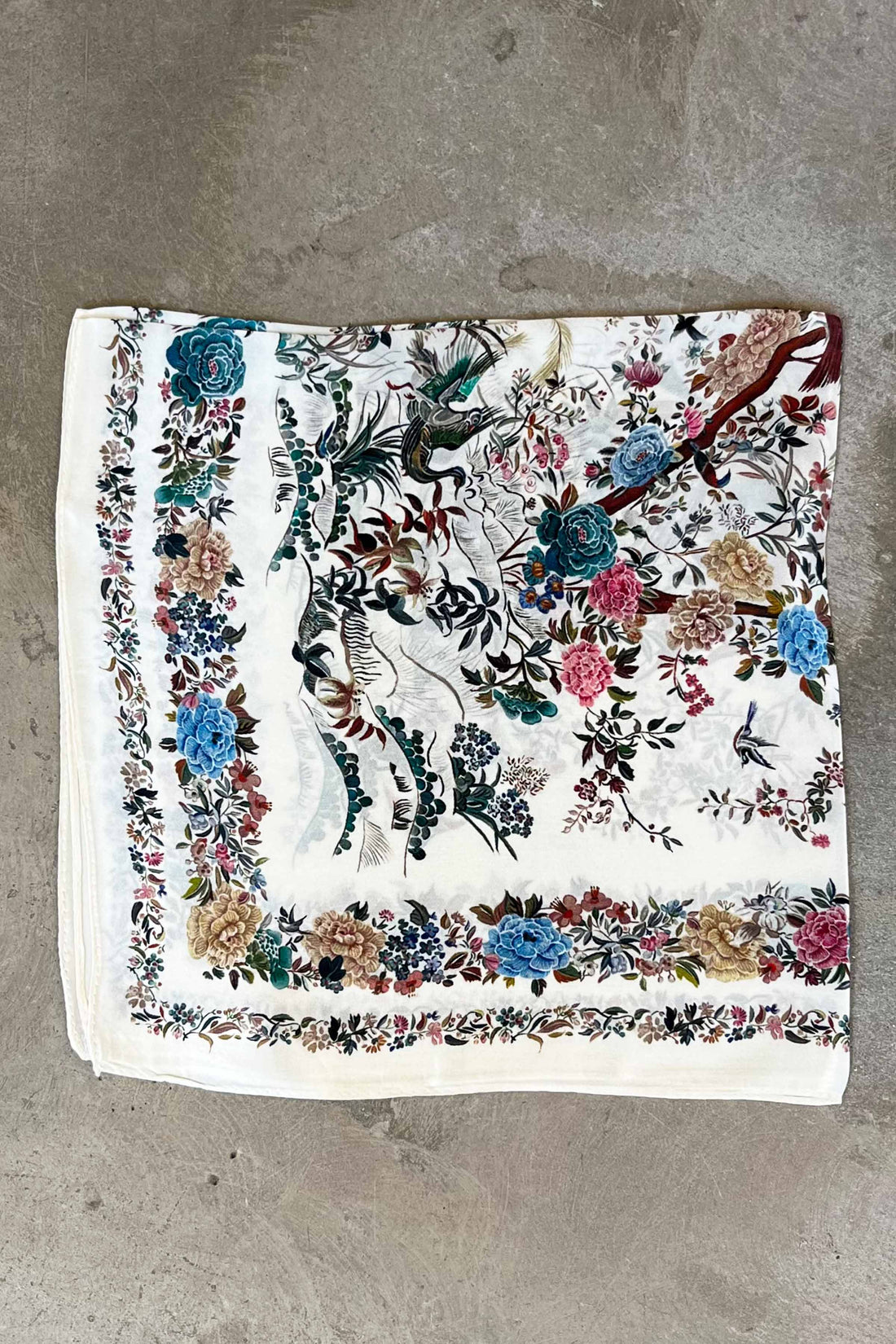 Silk scarf cream blue rose flowers and birds