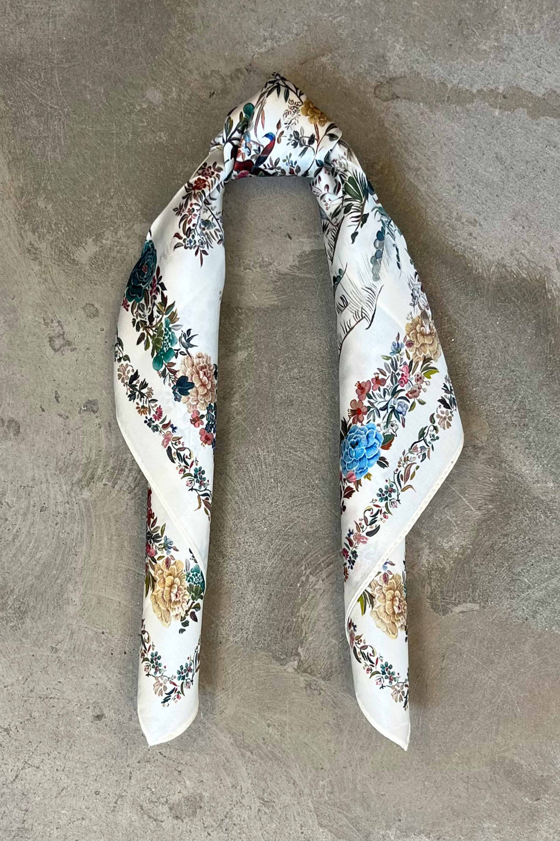 Silk scarf cream blue rose flowers and birds