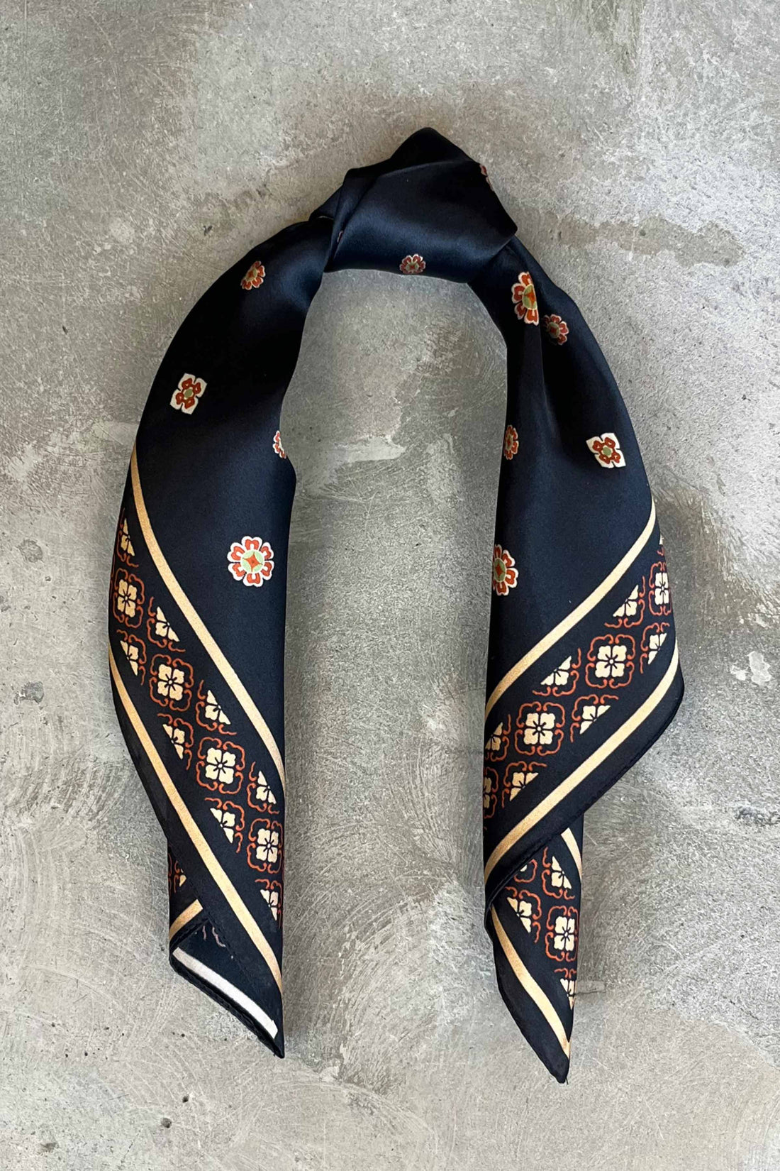 Silk scarf black/cream/orange/lime graphic flower