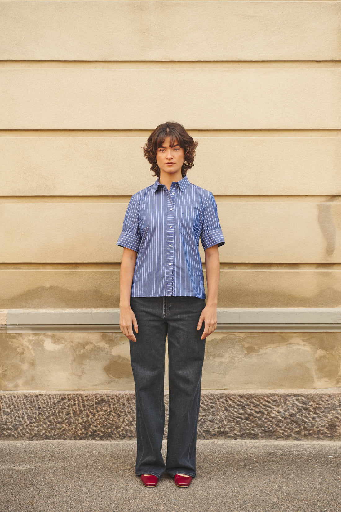 Laura short sleeve shirt dark blue/white stripe