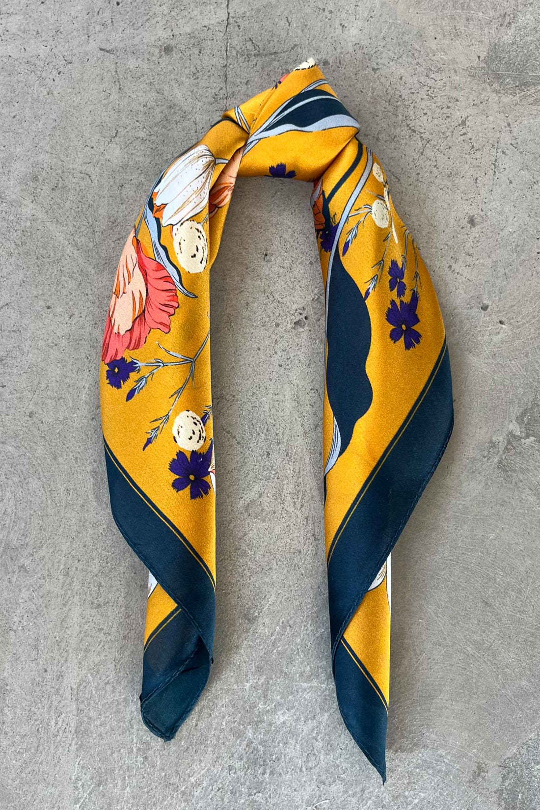 Silk scarf orange/blue with flowers and butterflies