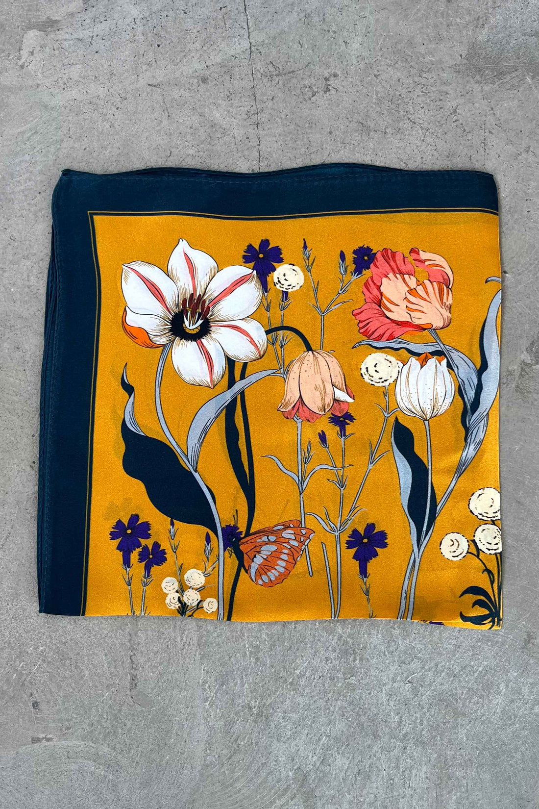 Silk scarf orange/blue with flowers and butterflies